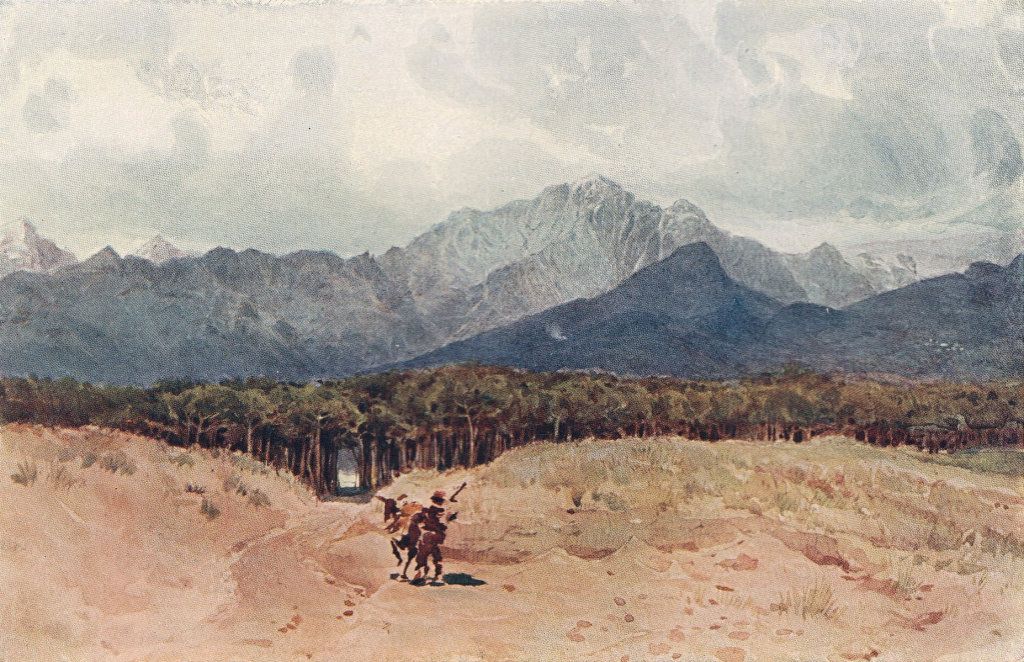 The Carrara mountains from the sea coast by Alexander Murray. Italy 1904 print