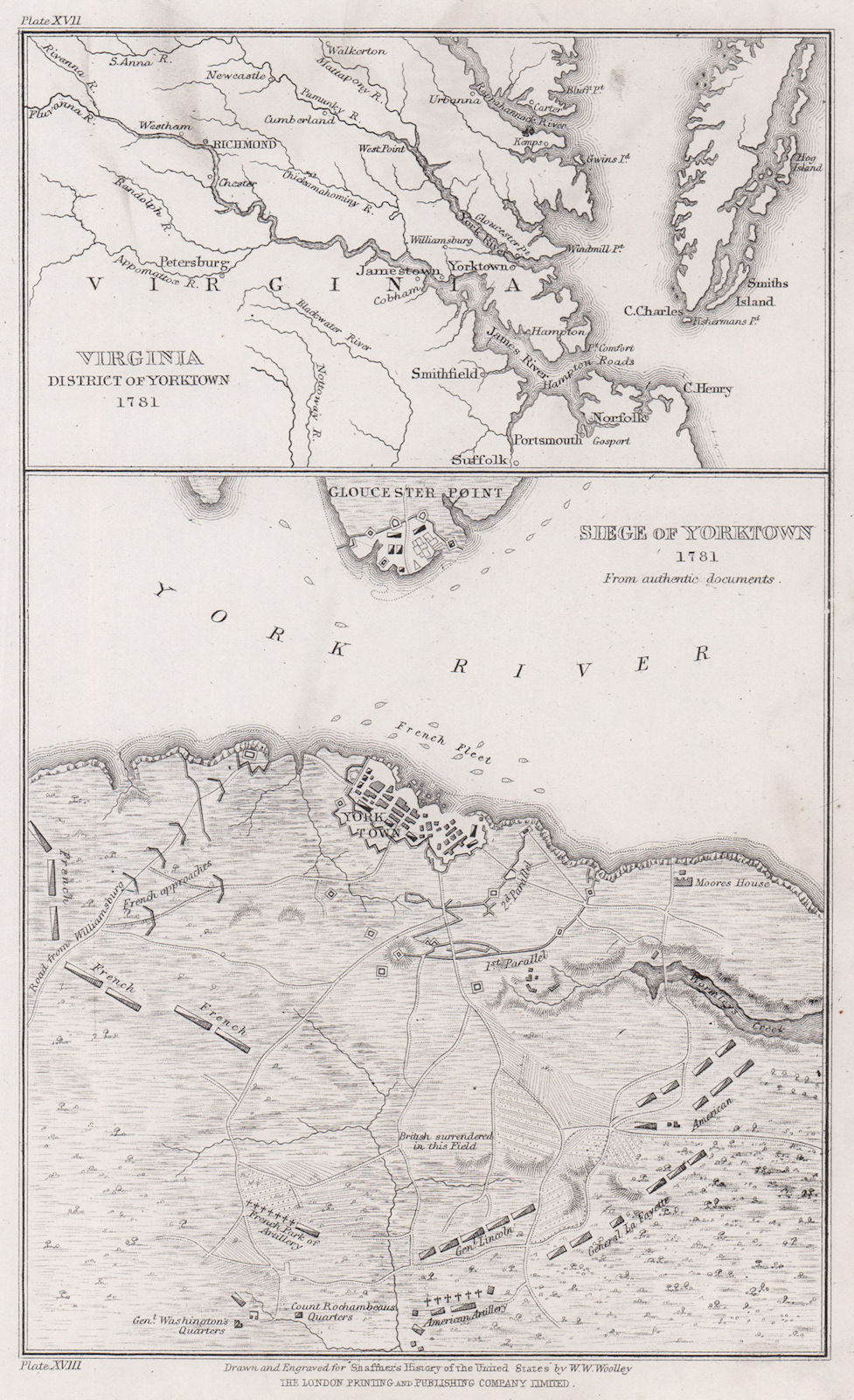 Siege of Yorktown 1781. Virginia environs of Yorktown. WOOLLEY 1863 old map