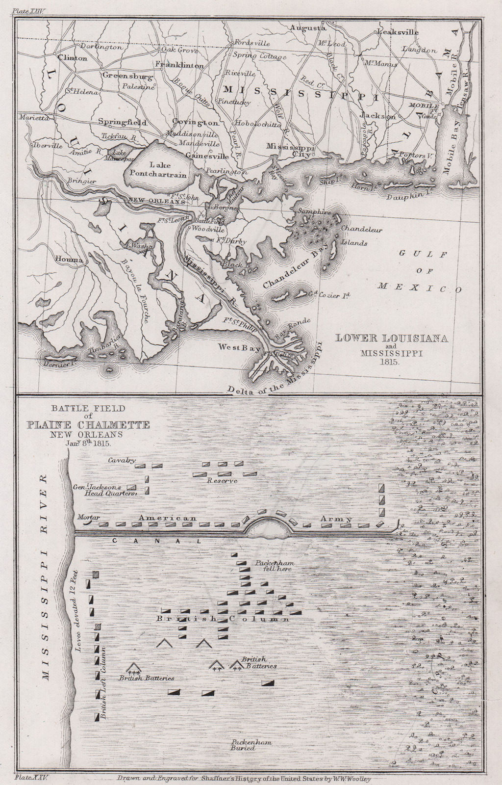 War of 1812. Battle of New Orleans 1815. Louisiana Chalmette 1863 old map