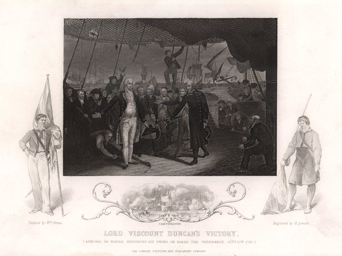Battle of Camperdown 1797. Winter surrenders to Duncan. Venerable. TALLIS c1855