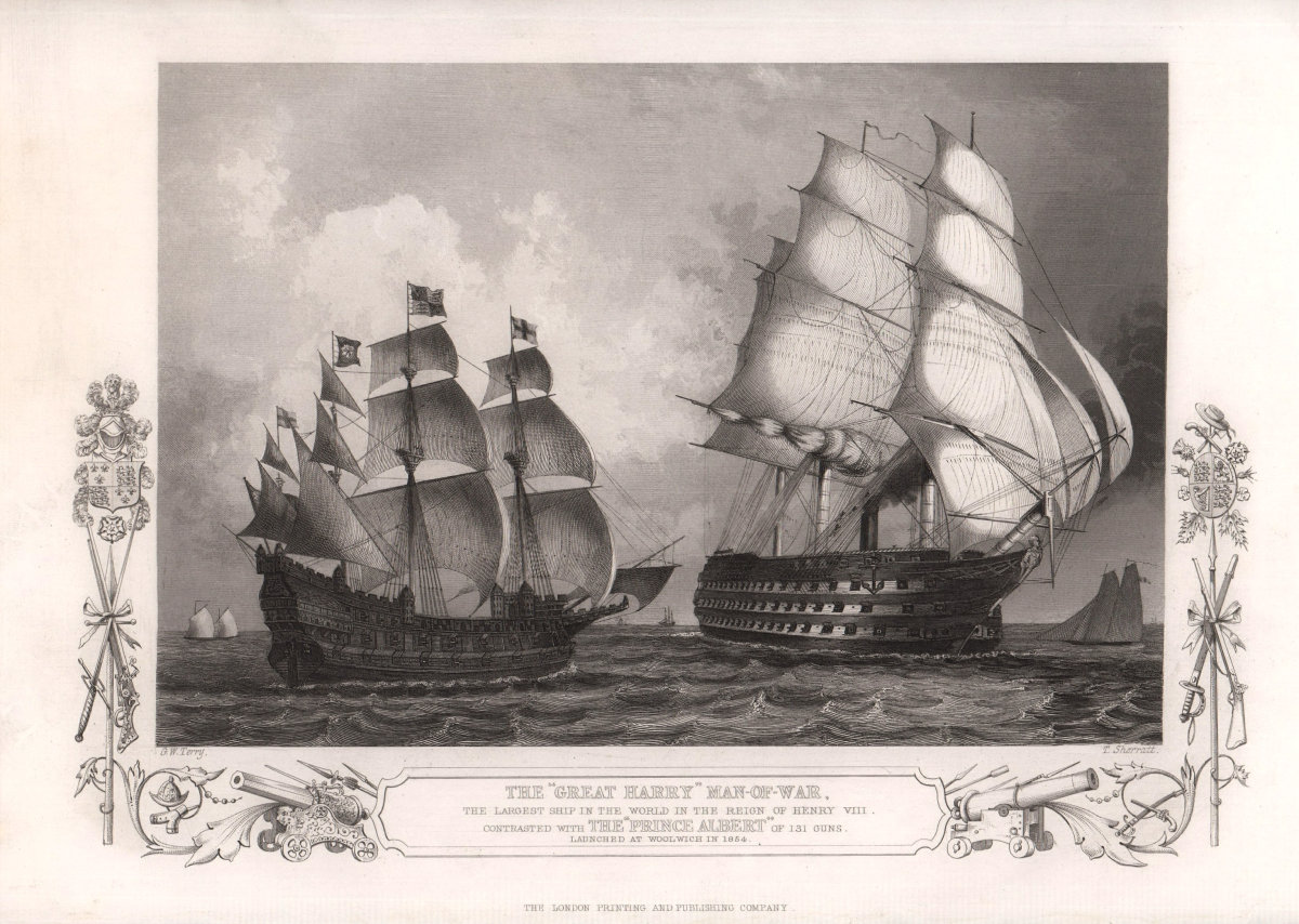 Henry VIII's Great Harry man-of-war & HMS Prince Albert (1854). TALLIS c1855
