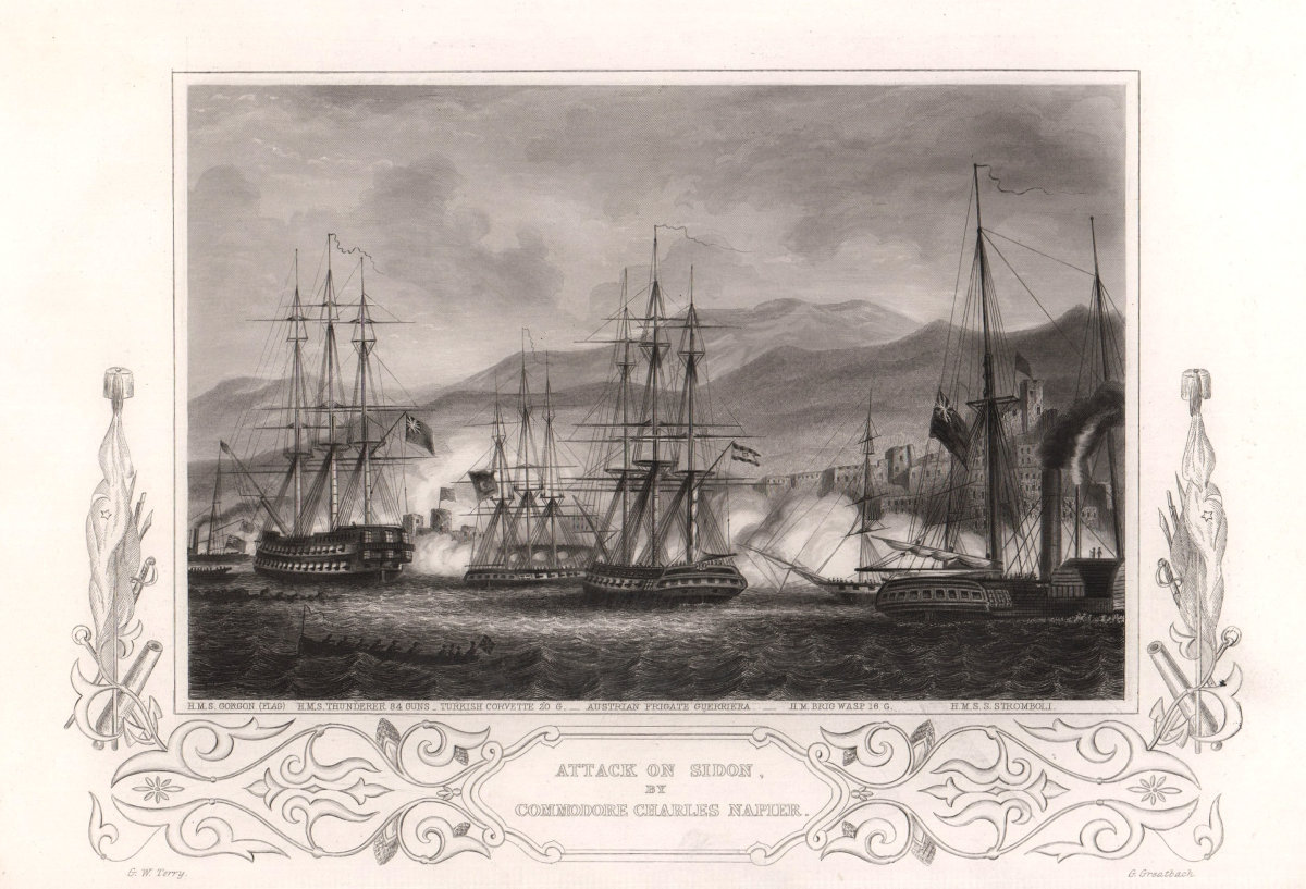 Attack on Sidon by Commodore Charles Napier 1840. Lebanon. TALLIS c1855 print