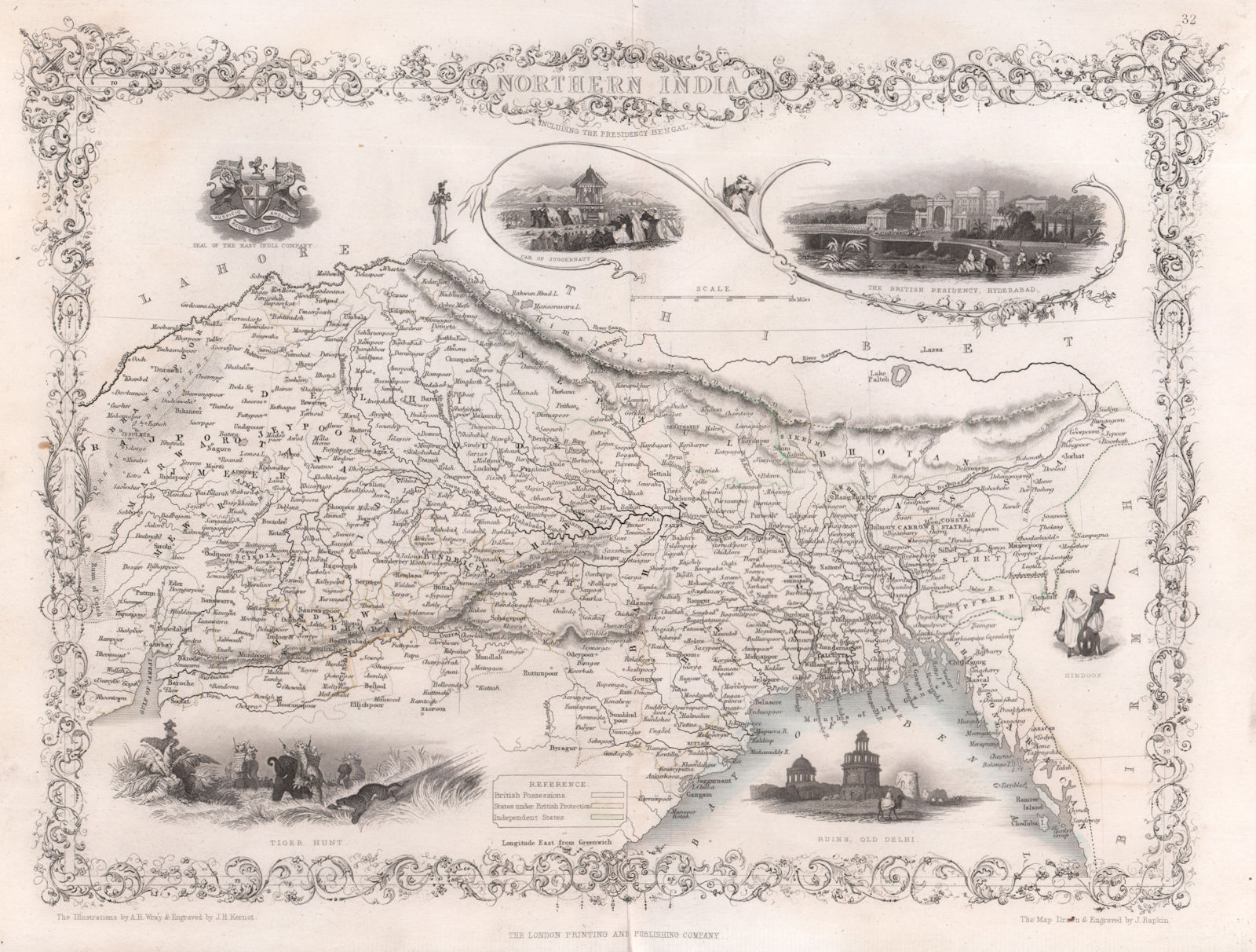 NORTHERN INDIA. British colonies. Nepal Bhutan Bengal. TALLIS/RAPKIN c1855 map