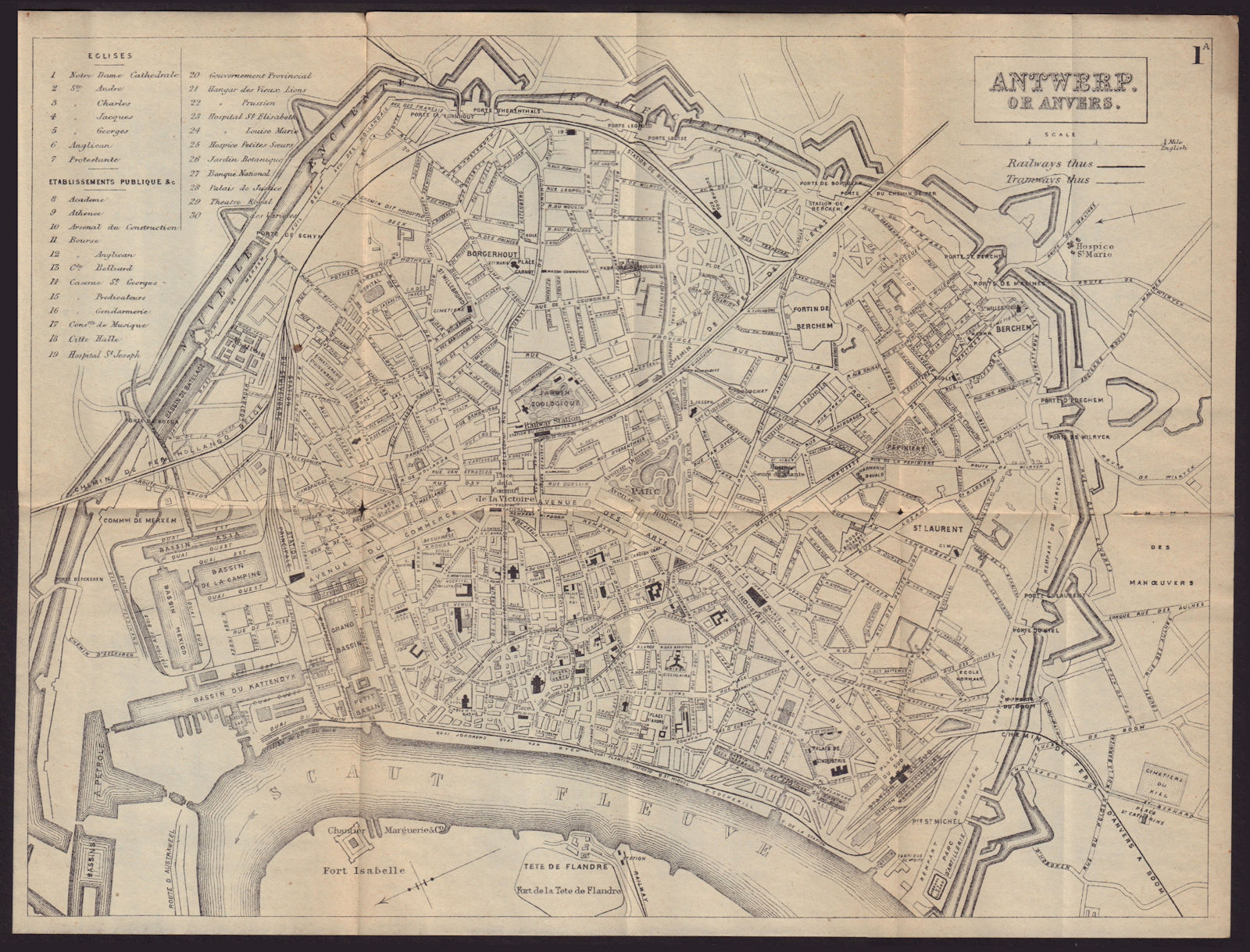ANTWERP ANVERS ANTWERPEN antique town plan city map. Belgium. BRADSHAW 1892