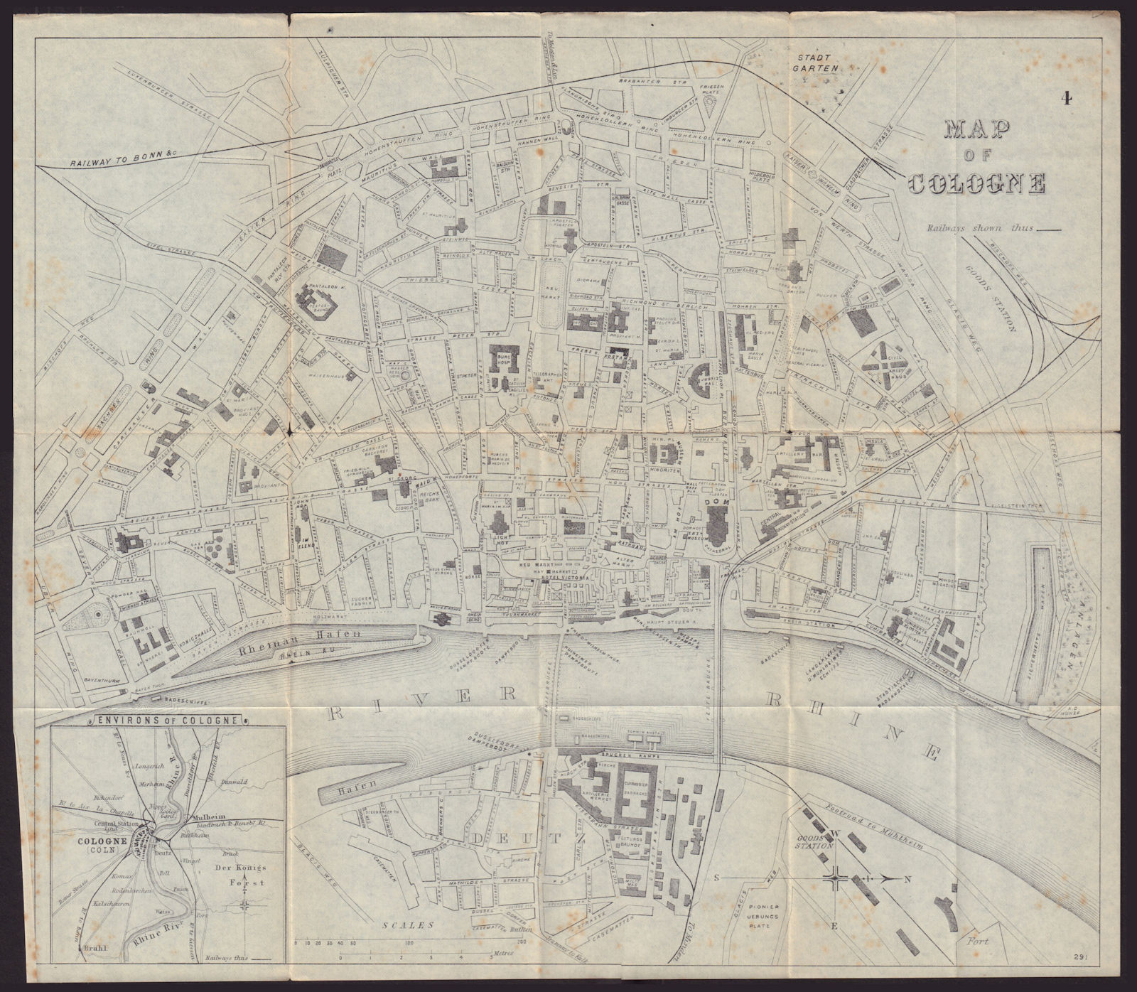 COLOGNE KOLN KÖLN antique town plan city map. Germany. BRADSHAW 1892 old