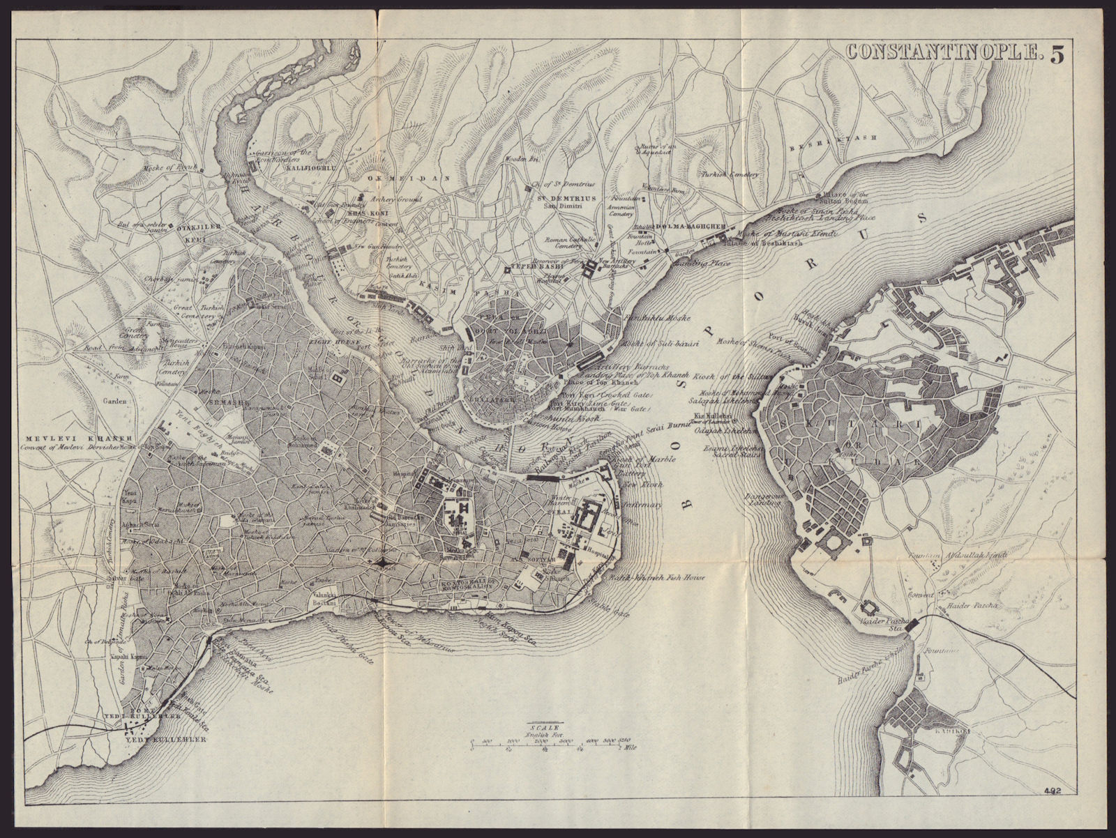 CONSTANTINOPLE / ISTANBUL antique town plan city map. Turkey. BRADSHAW 1892