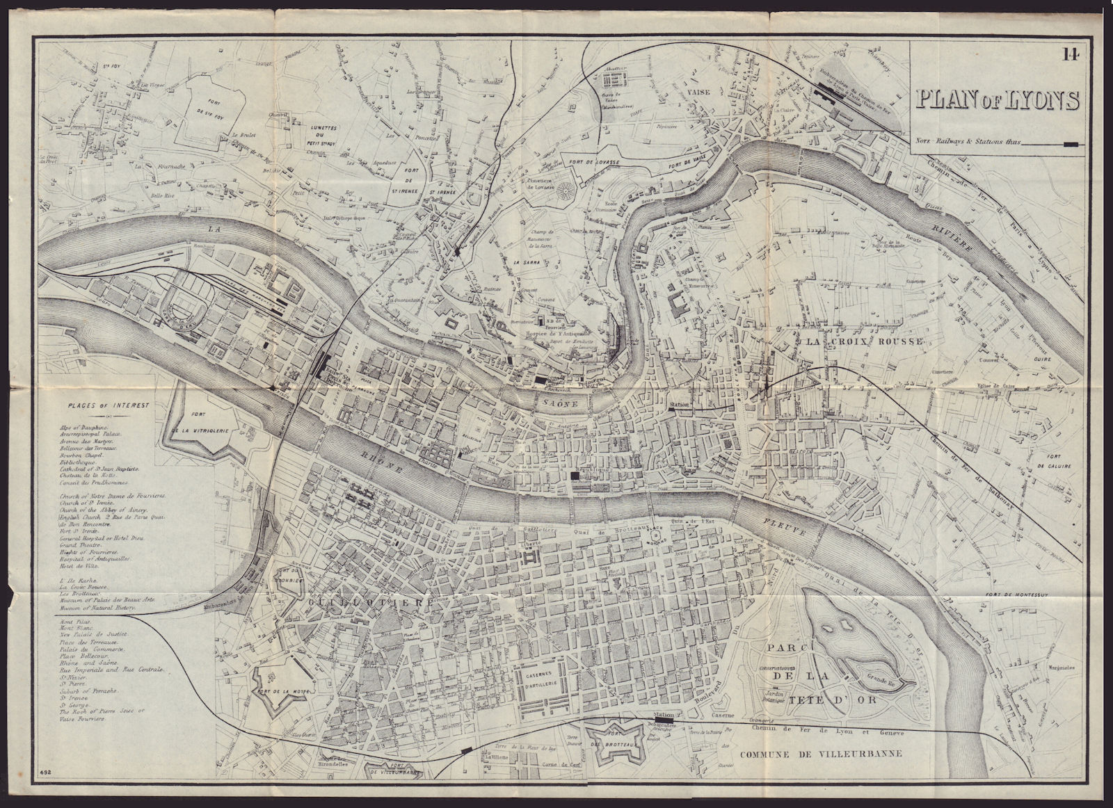 LYONS LYON antique town plan city map. France. BRADSHAW 1892 old