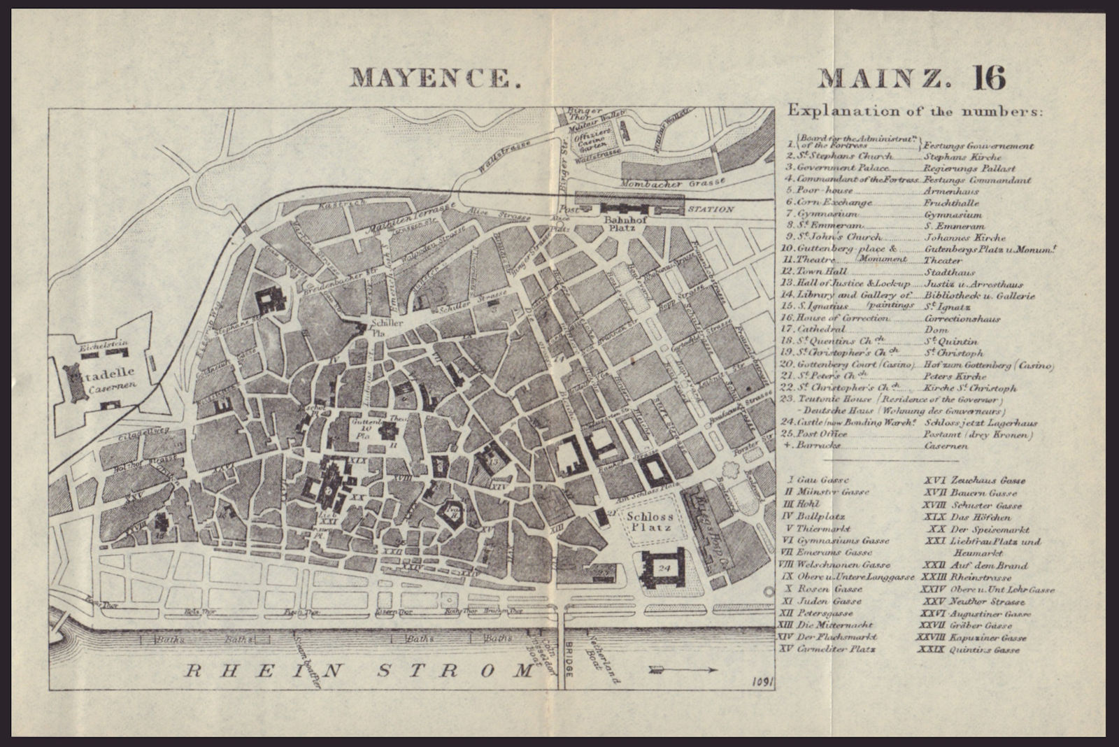 MAYENCE MAINZ antique town plan city map. Germany. BRADSHAW 1892 old
