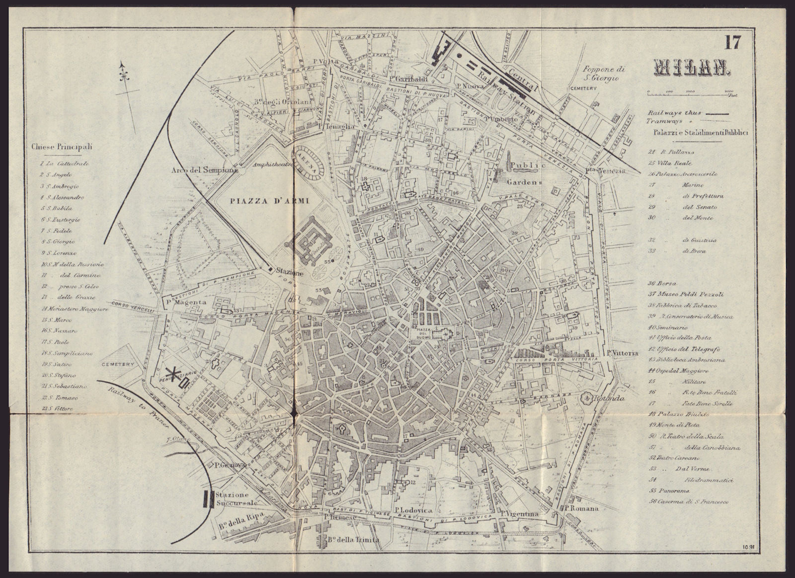 MILAN MILANO antique town plan city map. Italy. BRADSHAW 1892 old