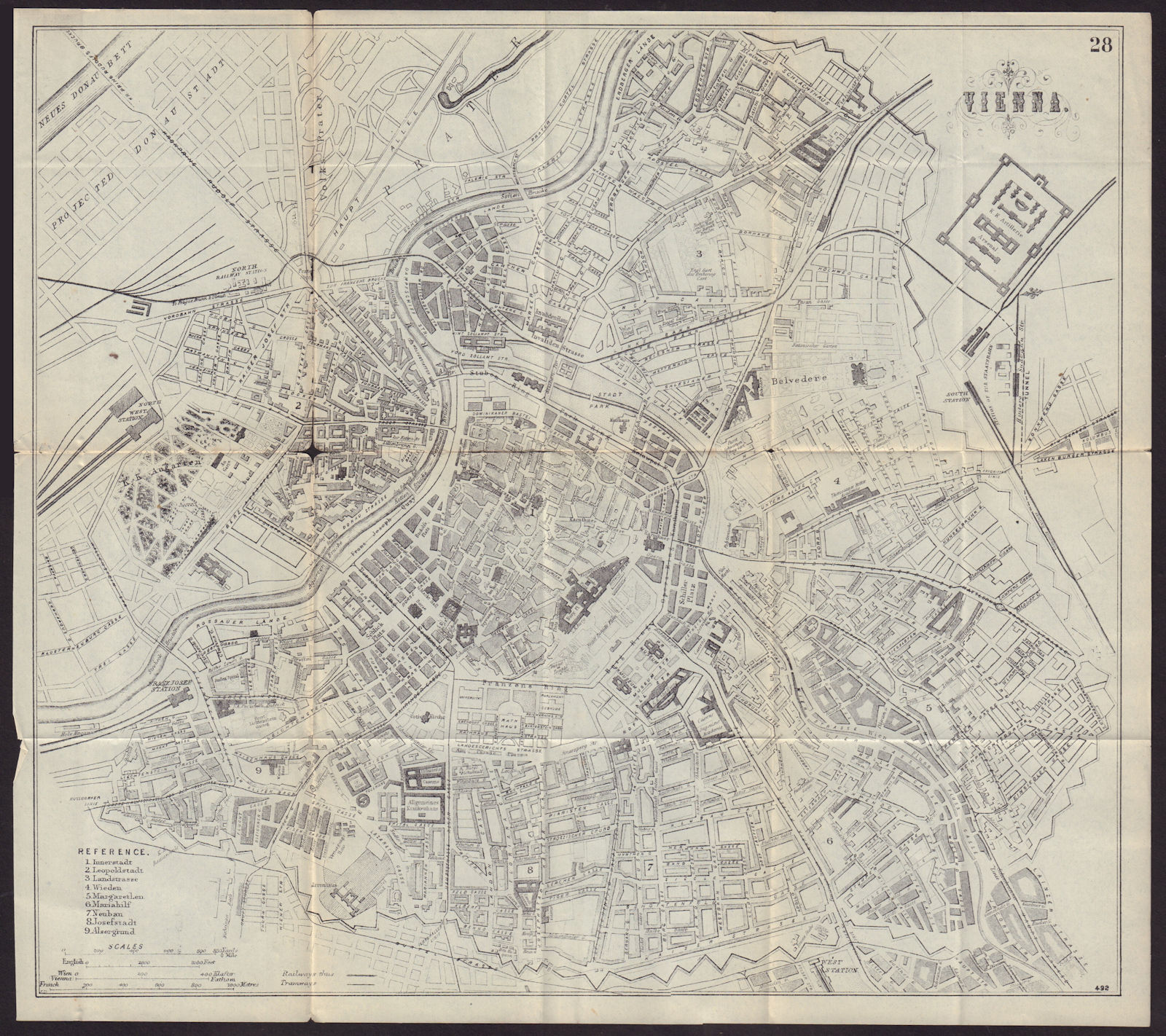 VIENNA WIEN antique town plan city map. Austria. BRADSHAW 1892 old