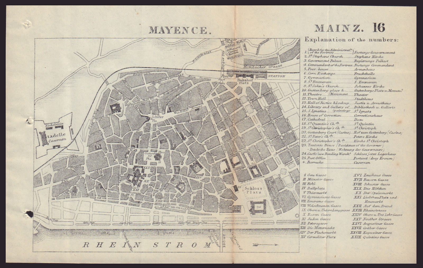 MAYENCE MAINZ antique town plan city map. Germany. BRADSHAW 1893 old