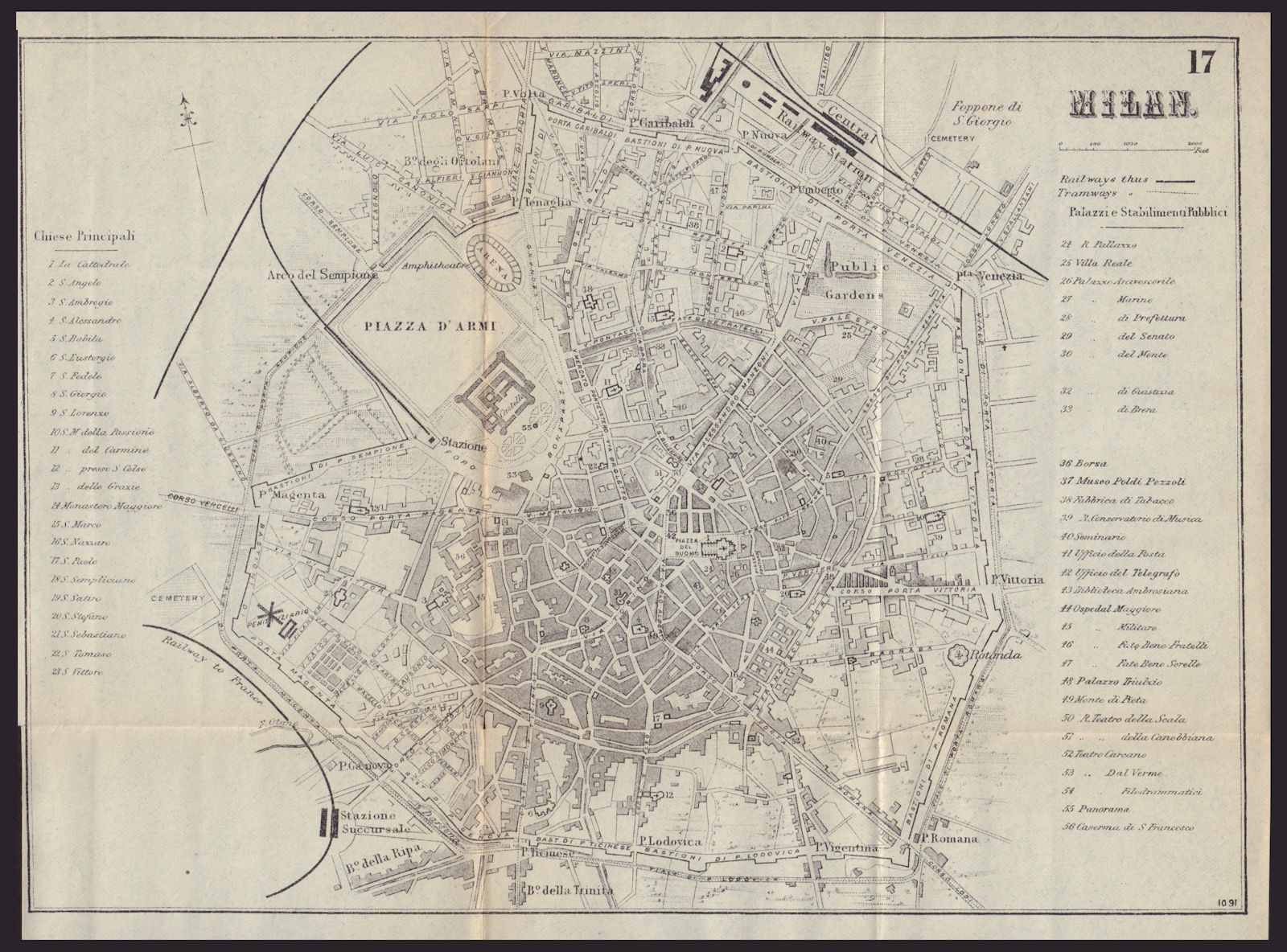 MILAN MILANO antique town plan city map. Italy. BRADSHAW 1893 old