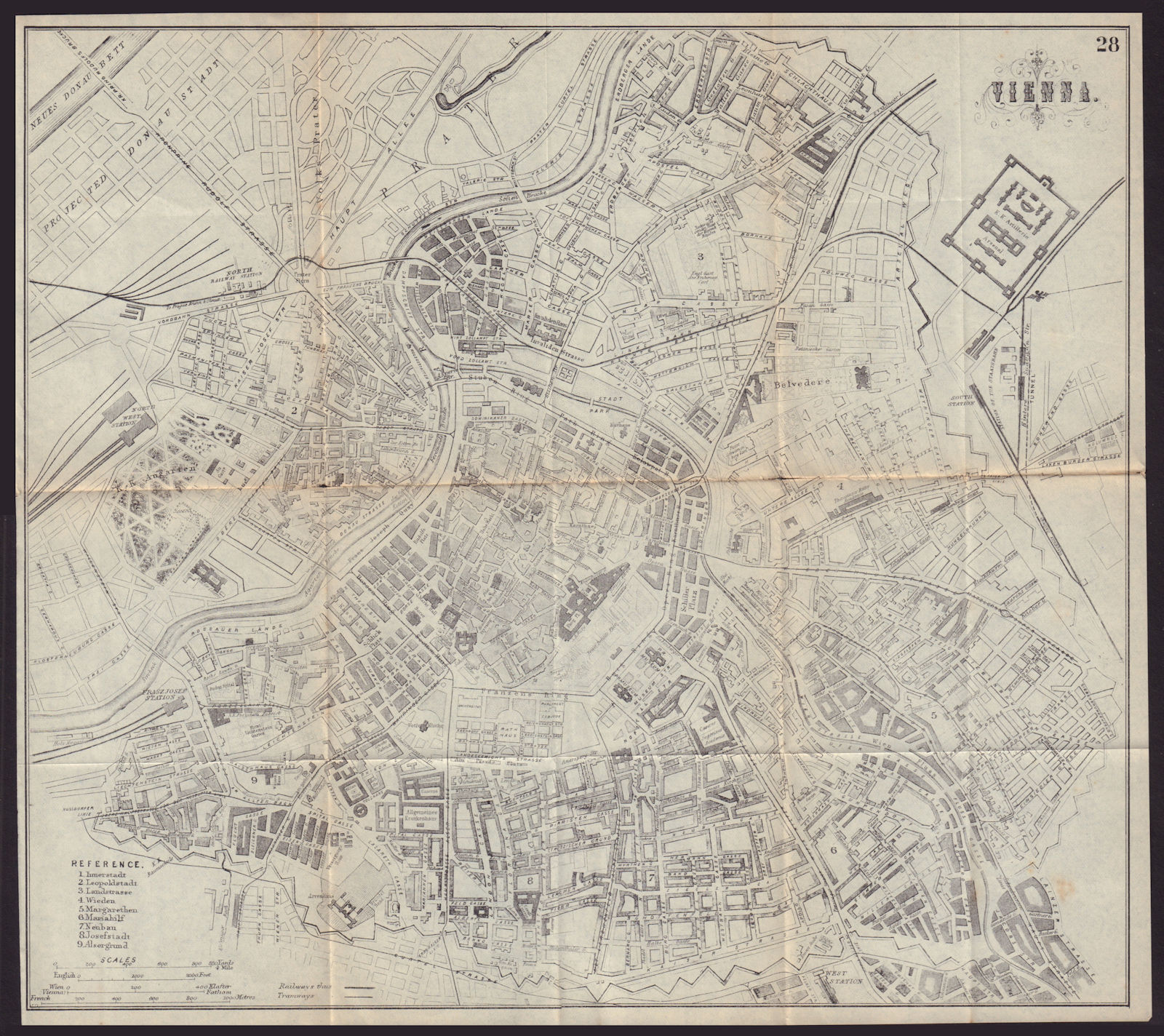 VIENNA WIEN antique town plan city map. Austria. BRADSHAW 1893 old