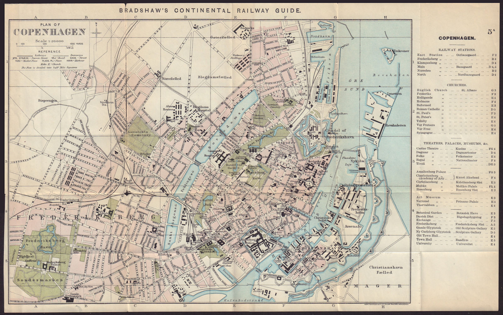 COPENHAGEN antique town plan city map. Denmark. BRADSHAW c1898 old