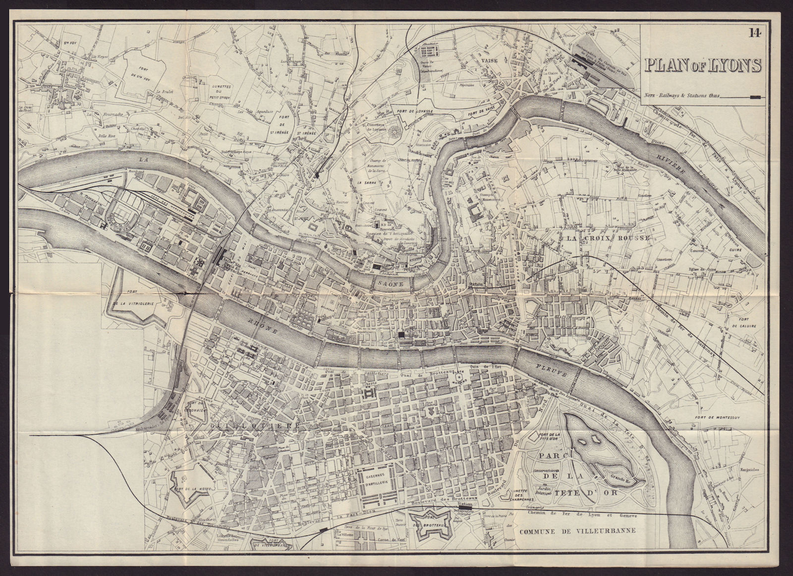 LYONS LYON antique town plan city map. France. BRADSHAW c1898 old