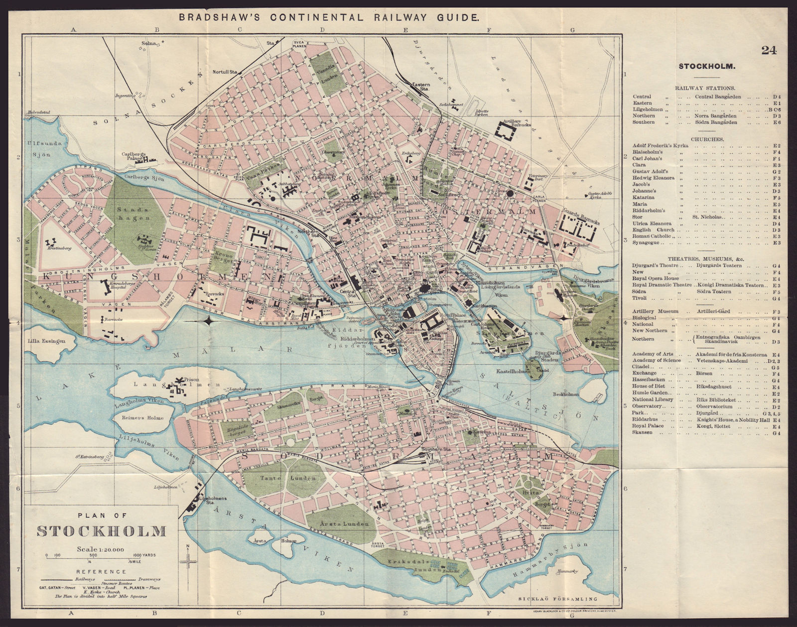 STOCKHOLM antique town plan city map. Sweden. BRADSHAW c1898 old