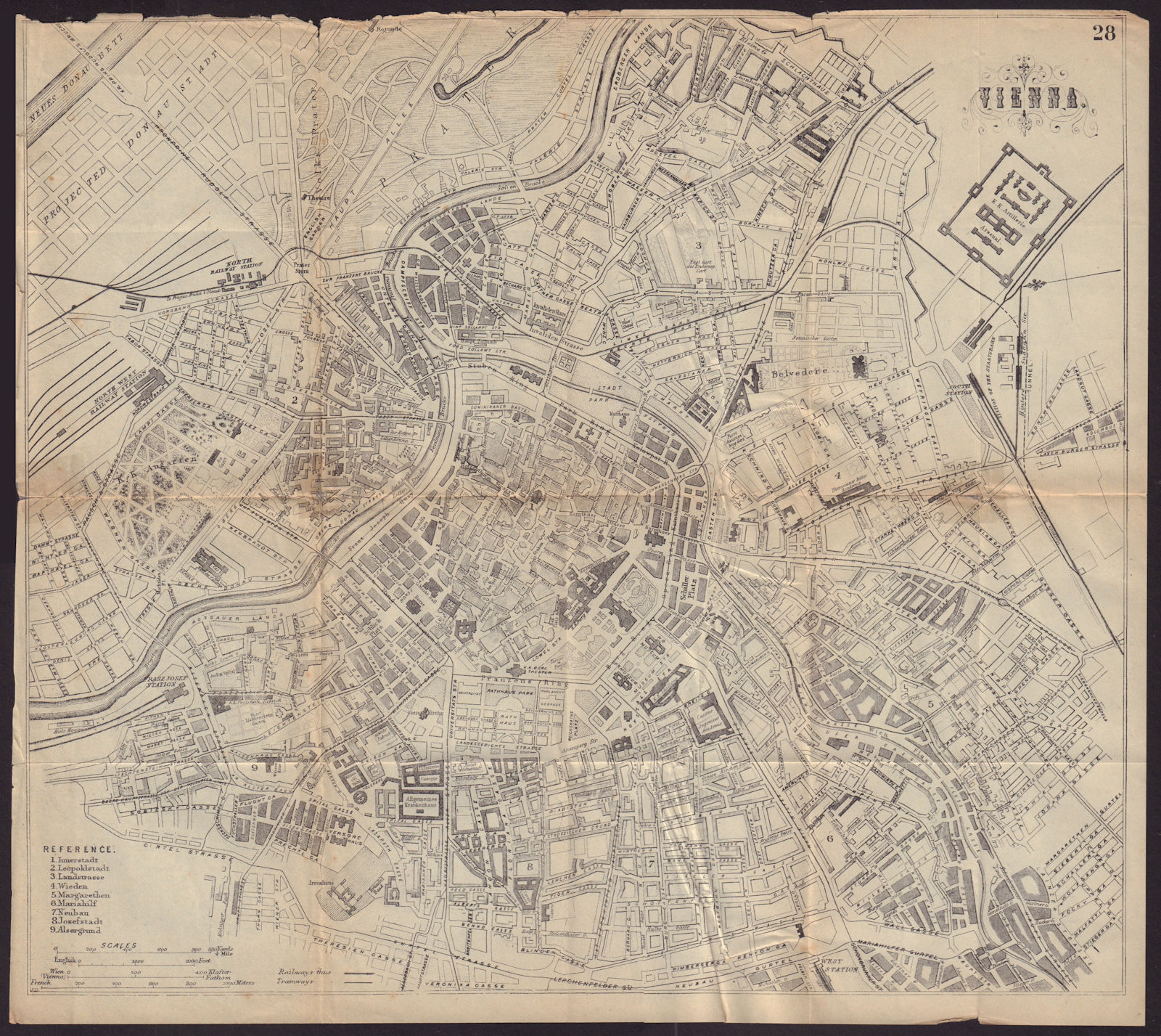VIENNA WIEN antique town plan city map. Austria. BRADSHAW c1898 old
