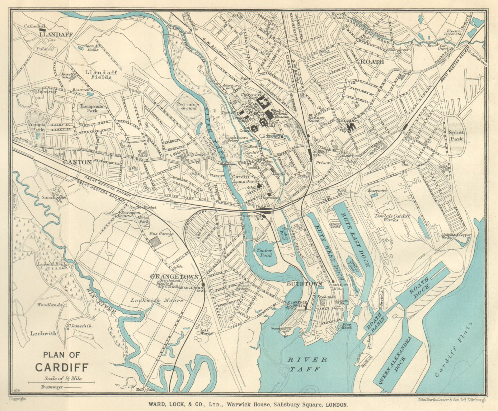 CARDIFF vintage city town plan. Wales. WARD LOCK 1950 old vintage map chart