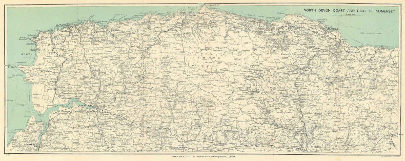 EXMOOR & NORTH/SOMERSET COAST. Bideford Barnstaple Ilfracombe Minehead 1934 map