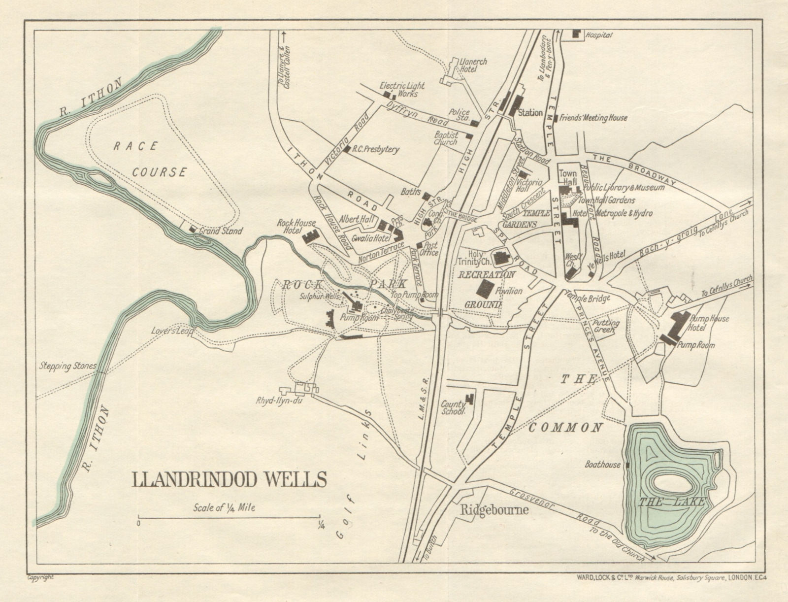 Associate Product LLANDRINDOD WELLS vintage tourist town city plan. Wales. WARD LOCK 1939 map