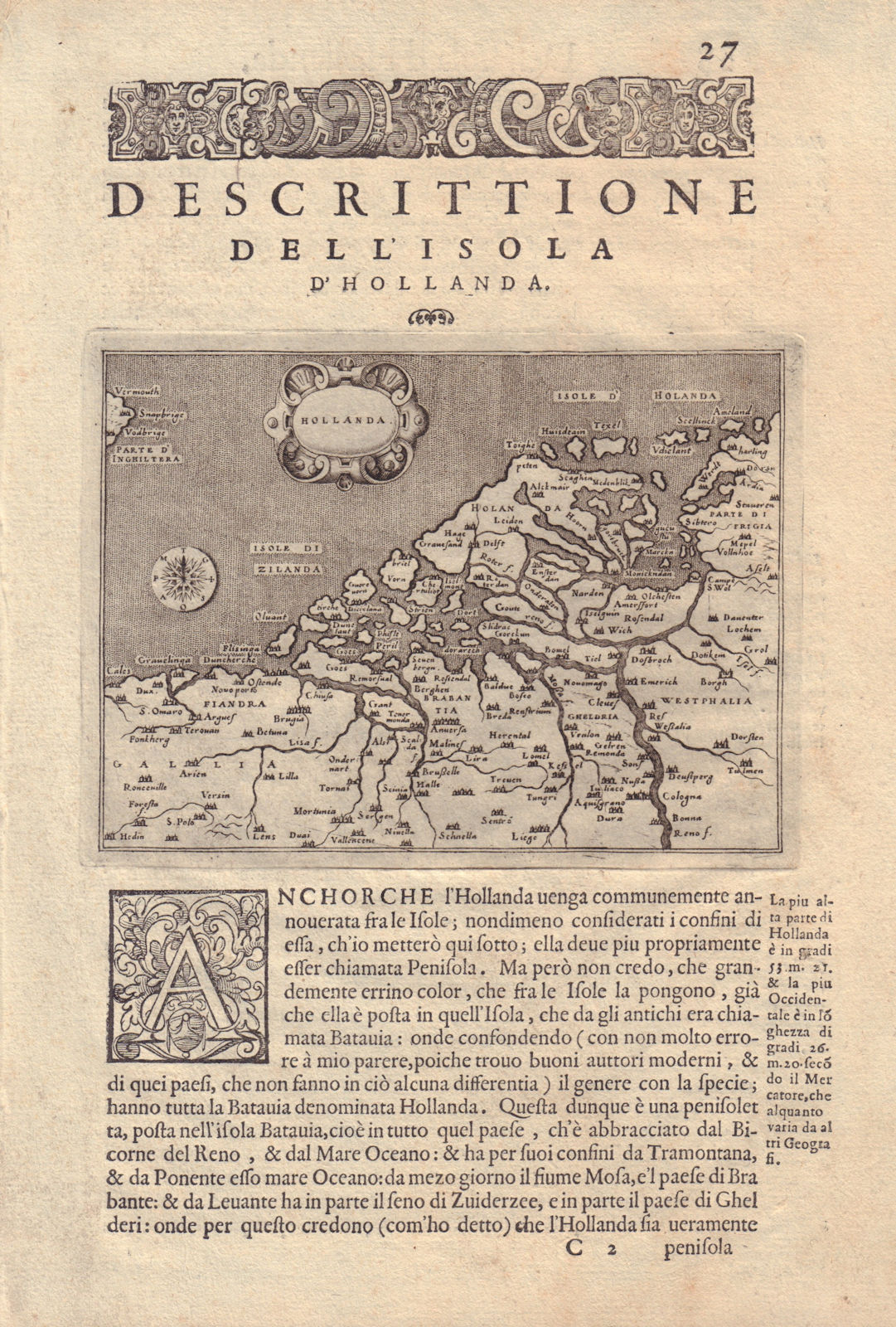 Descrittione dell' Isola d'Hollanda. PORCACCHI. Holland Netherlands 1590 map