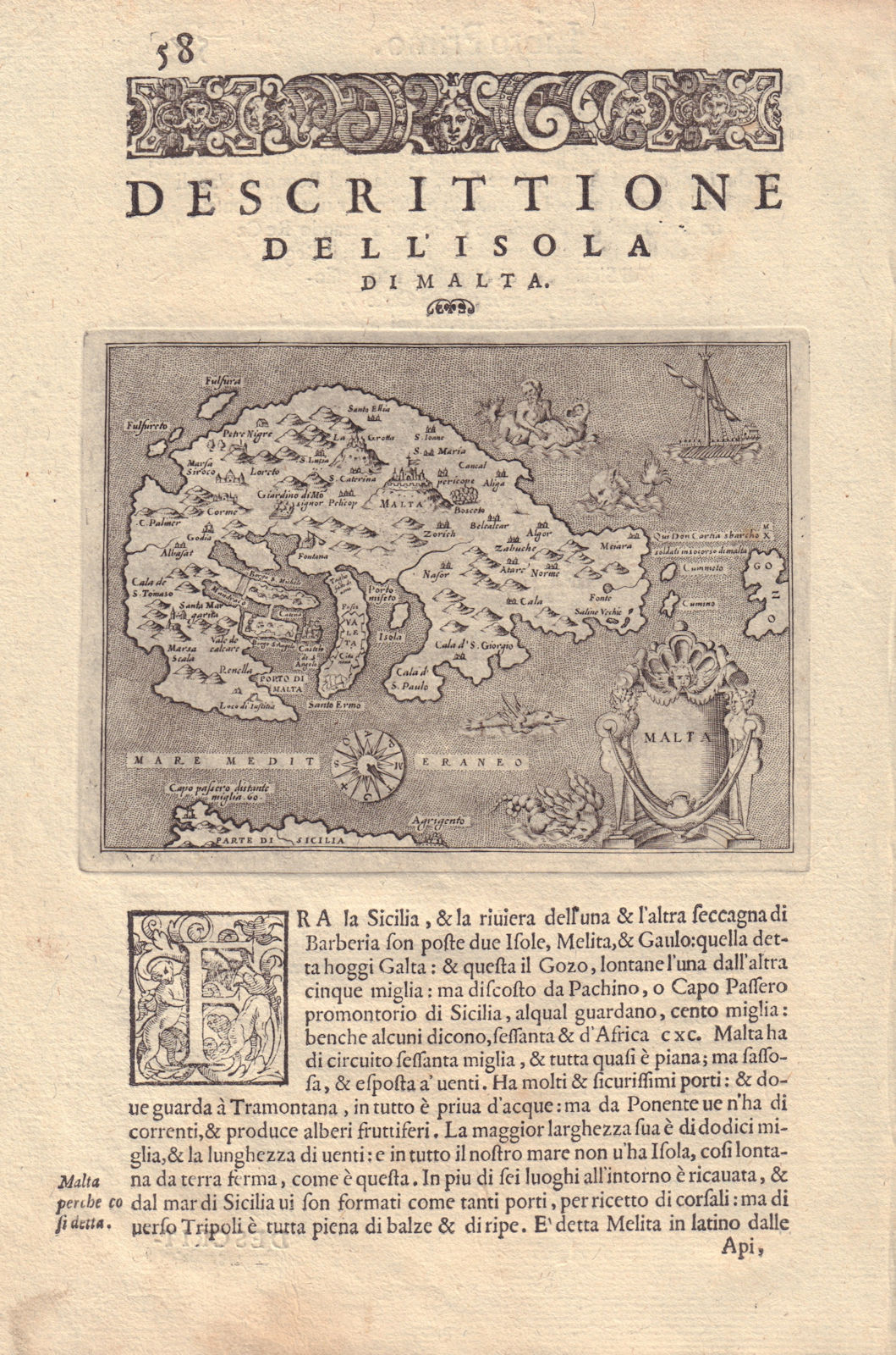 Descrittione dell' Isola di Malta. PORCACCHI. Malta & Gozo 1590 old map