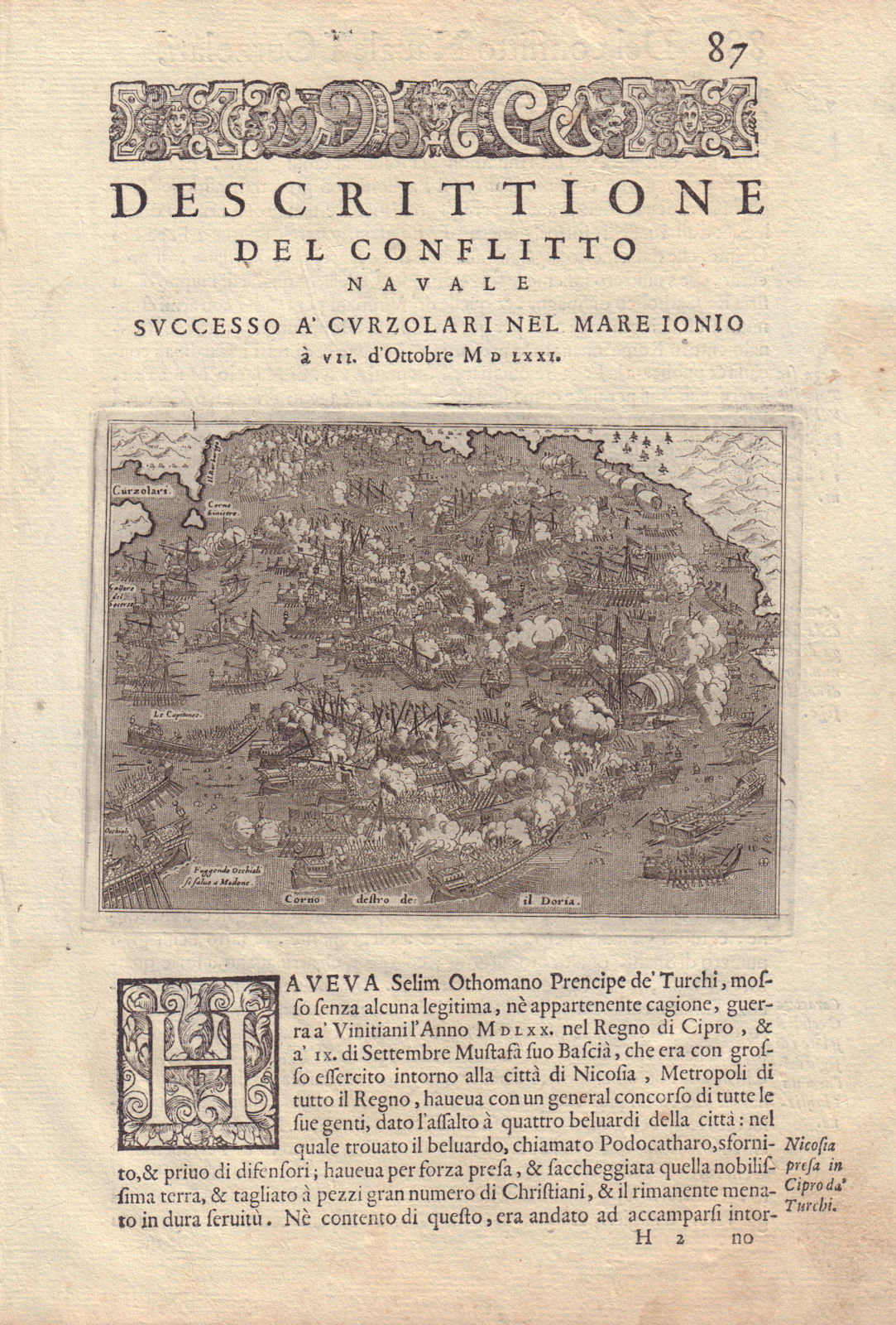 Descrittione del conflitto navale…Curzolari PORCACCHI Battle of Lepanto 1590 map