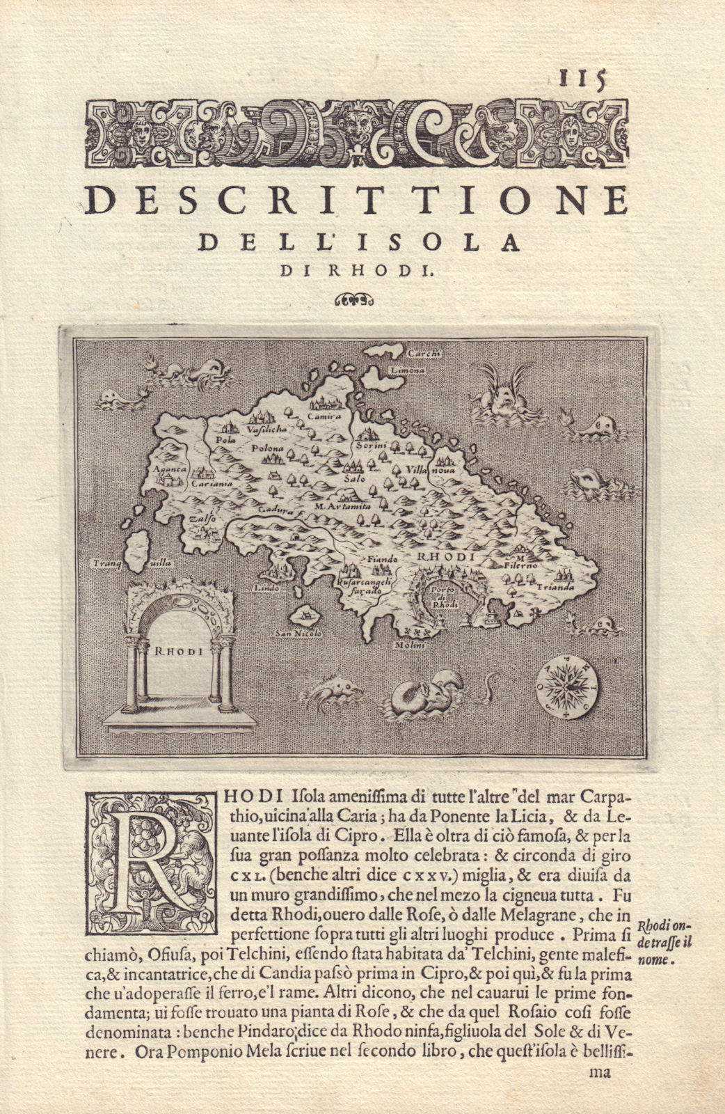 Descrittione dell' Isola di Rhodi. PORCACCHI. Rhodes Dodecanese 1590 old map