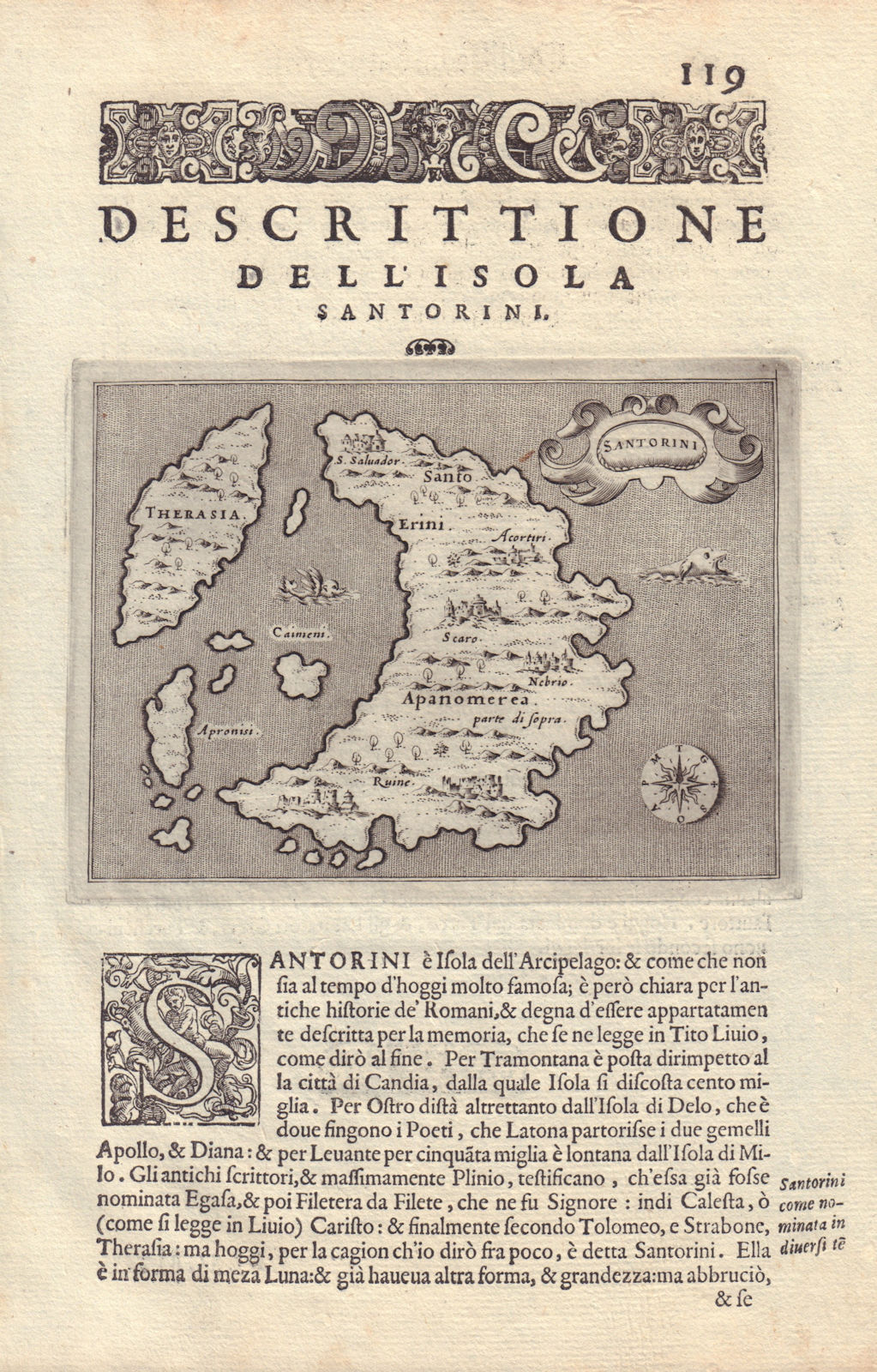 Descrittione dell' Isola Santorini. PORCACCHI. Cyclades Greece 1590 old map