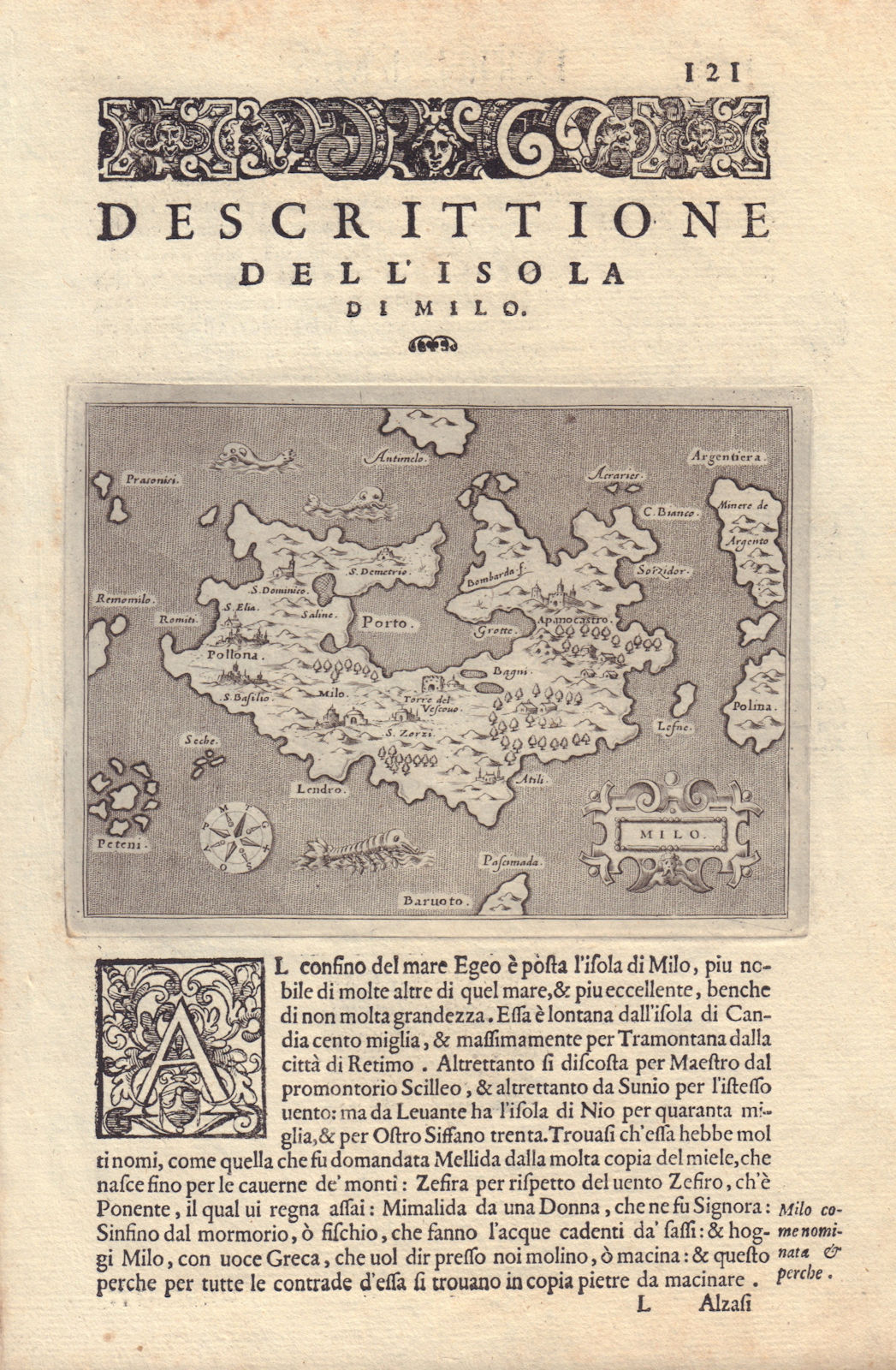 Descrittione dell' Isola di Milo. PORCACCHI. Milos Cyclades Greece 1590 map