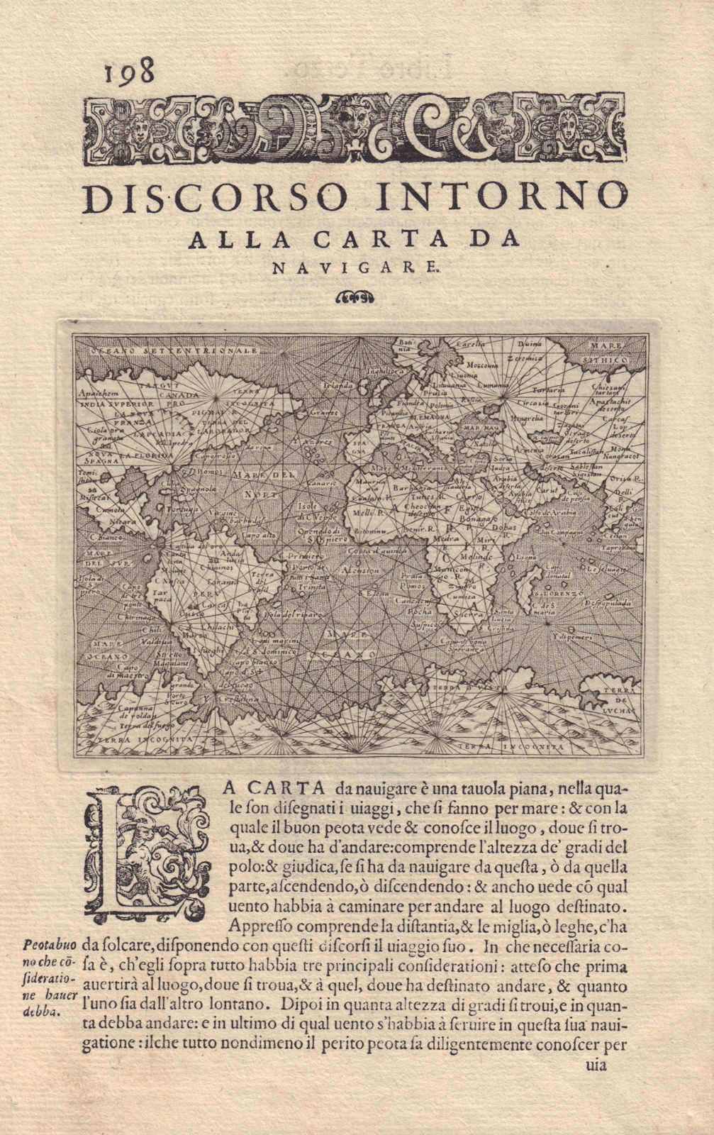 Discorso Intorno alla carta da navigare. PORCACCHI. World navigational map 1590
