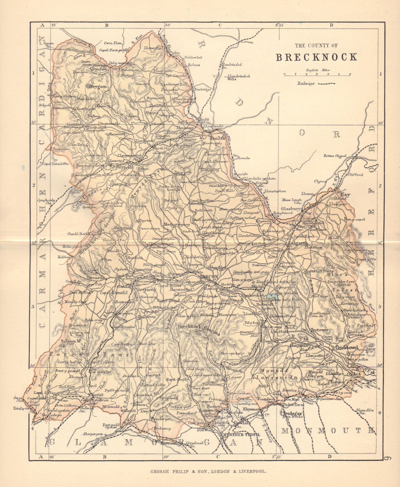 BRECKNOCKSHIRE "County of Brecknock" Brecon Beacons Wales BARTHOLOMEW 1885 map