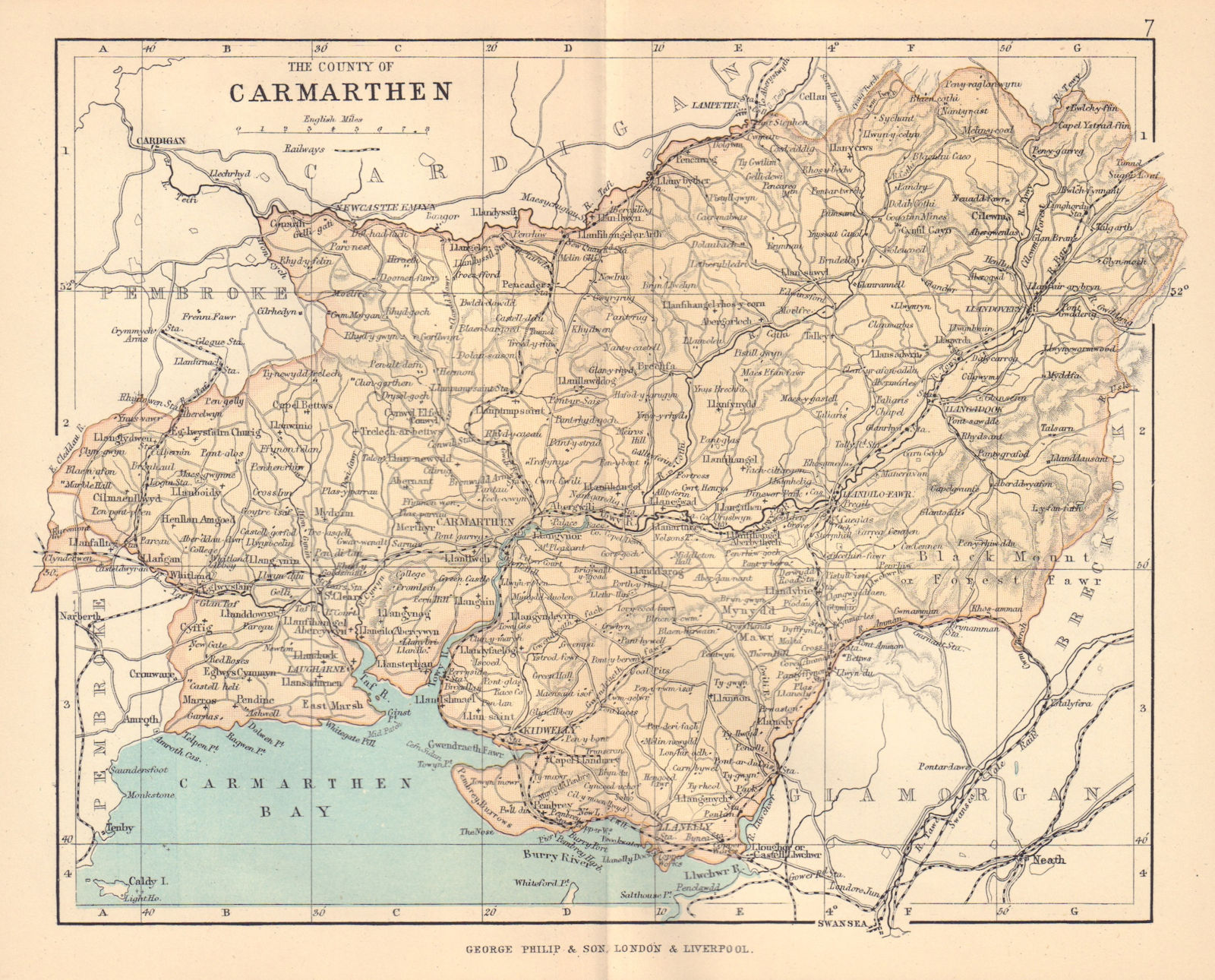 CARMARTHENSHIRE "The County of Carmarthen" Llanelli Wales BARTHOLOMEW 1885 map