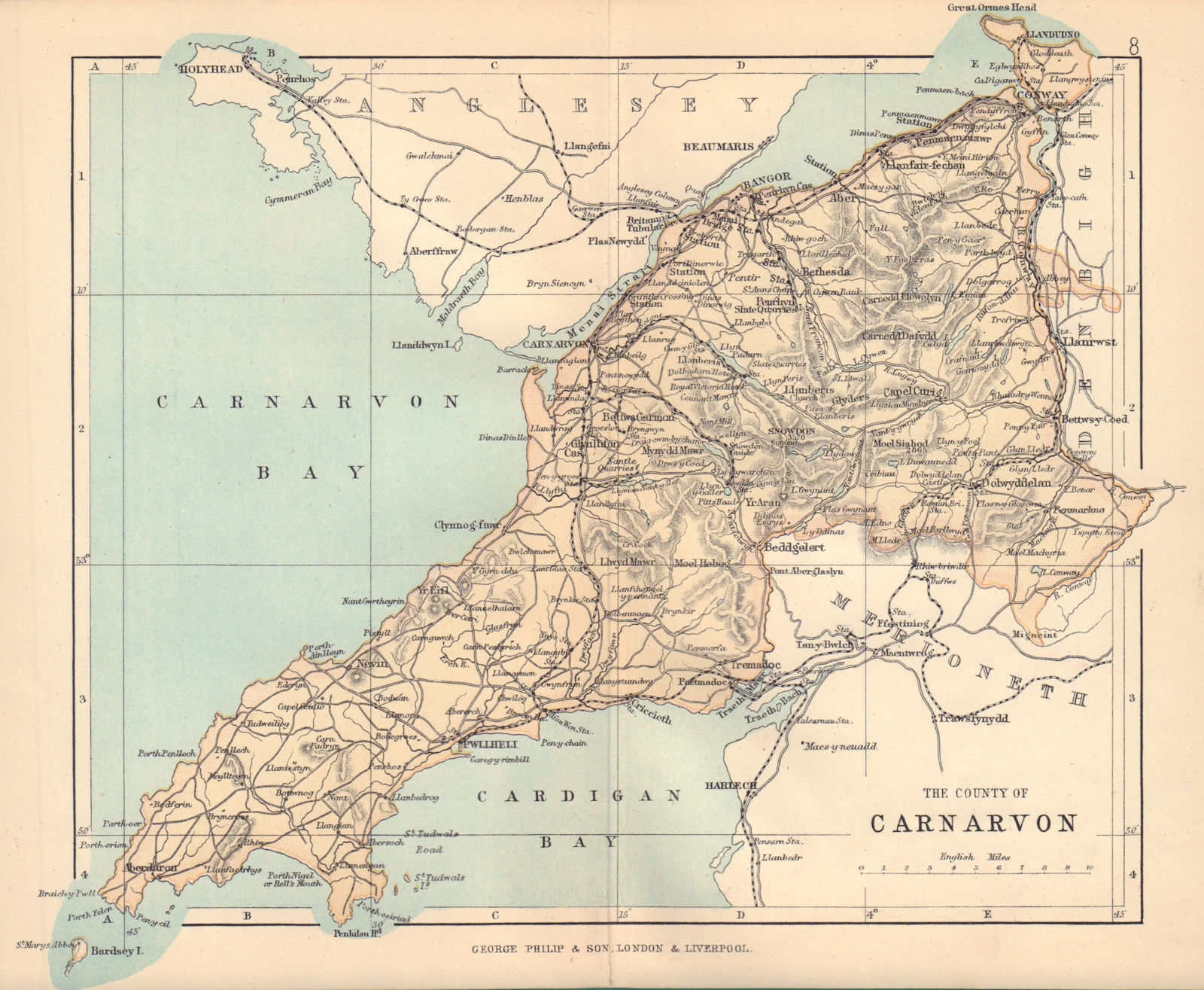 CAERNARFONSHIRE "County of Carnarvon" Bangor Conwy Wales BARTHOLOMEW 1885 map