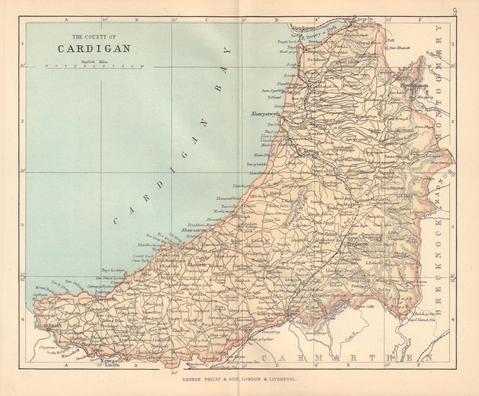 CARDIGANSHIRE "The County of Cardigan" Aberystwyth Wales BARTHOLOMEW 1885 map