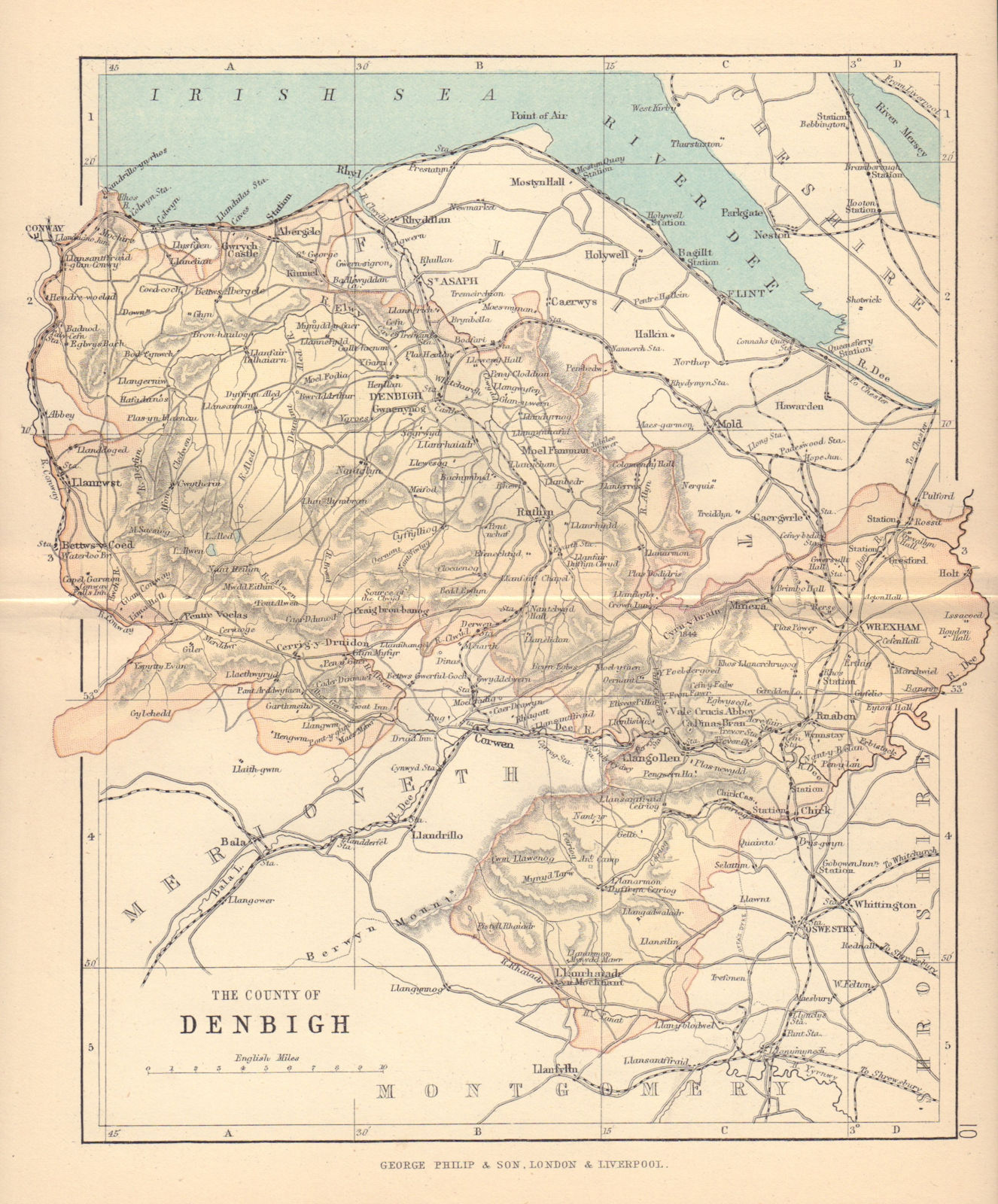 Associate Product DENBIGHSHIRE "The County of Denbigh" Wrexham Rhyl Wales BARTHOLOMEW 1885 map