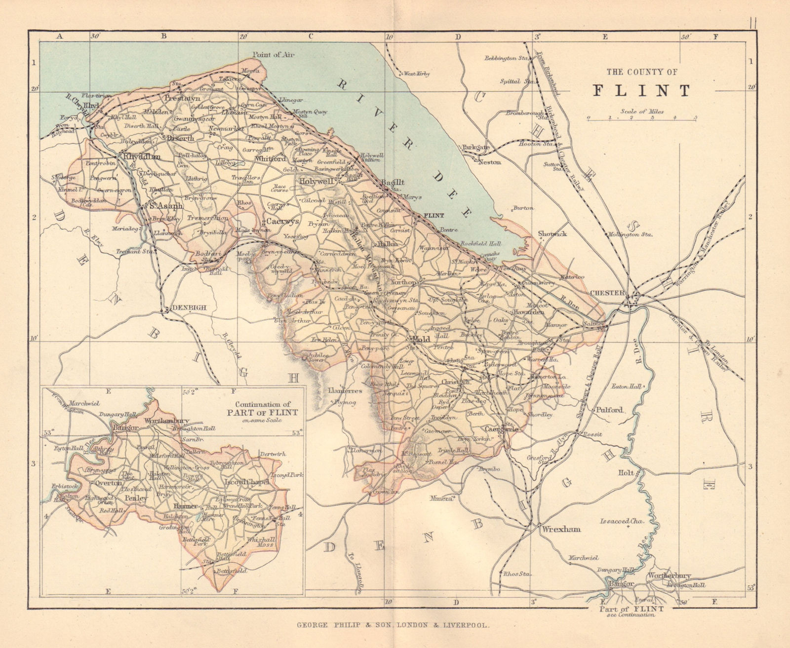 FLINTSHIRE "County of Flint" Rhyl Prestatyn Hawarden Wales BARTHOLOMEW 1885 map