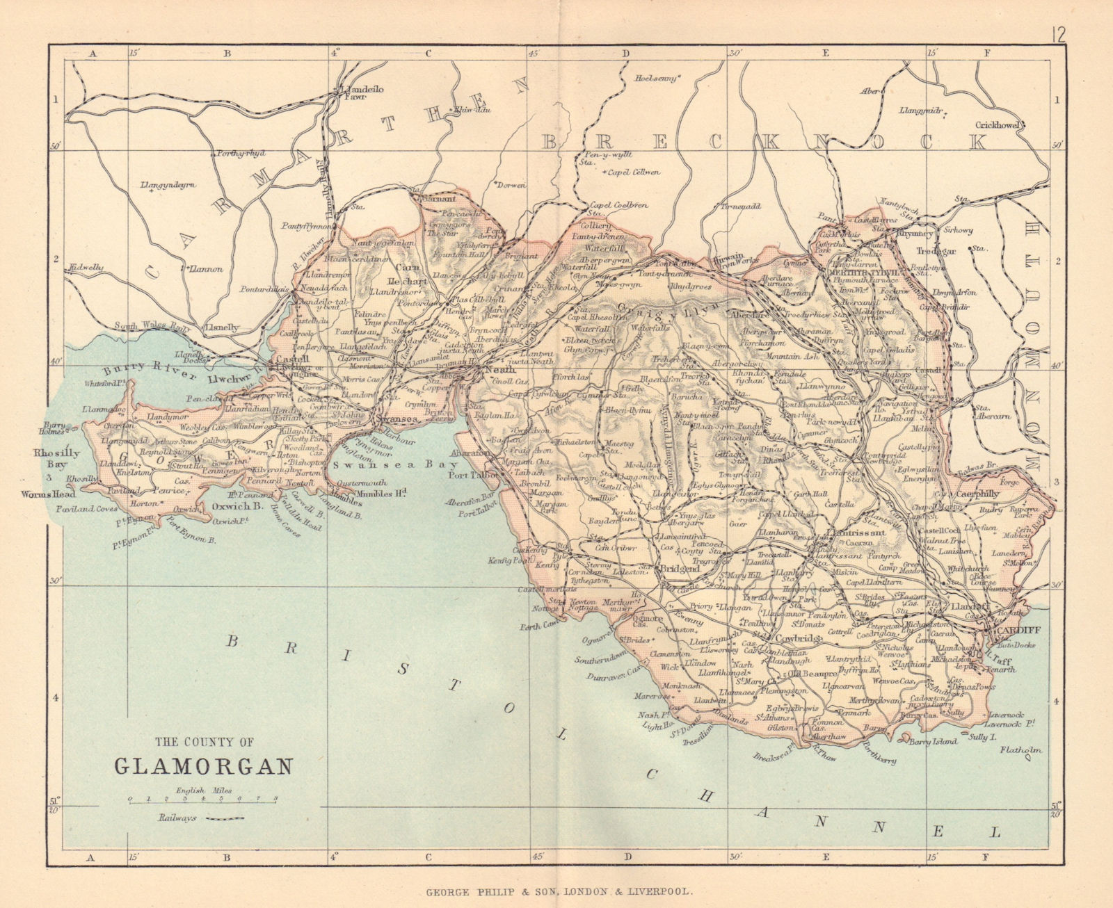 GLAMORGANSHIRE Cardiff Swansea Neath Port Talbot Wales BARTHOLOMEW 1885 map
