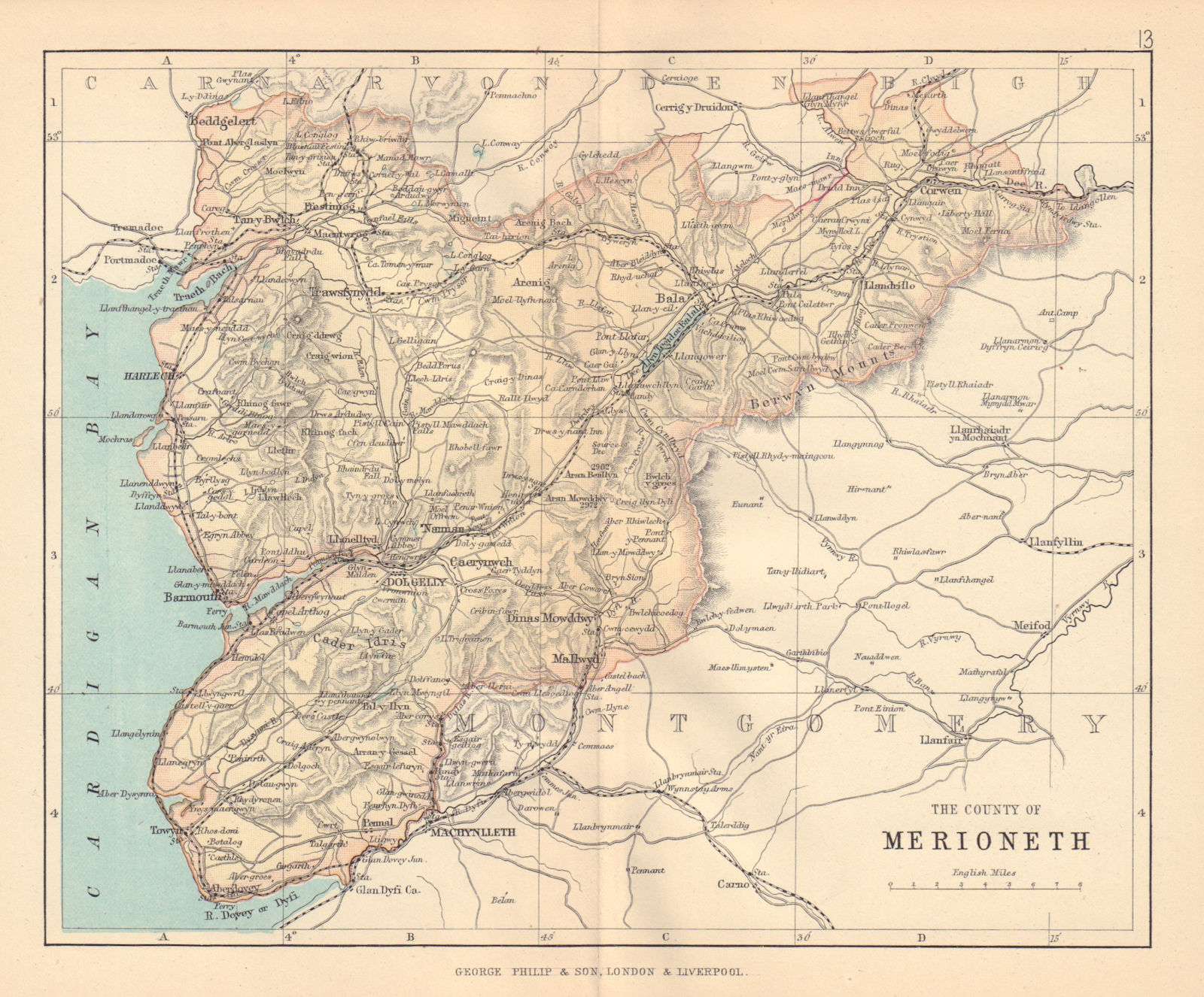 MERIONETHSHIRE "County of Merioneth" Barmouth Tywyn Wales BARTHOLOMEW 1885 map