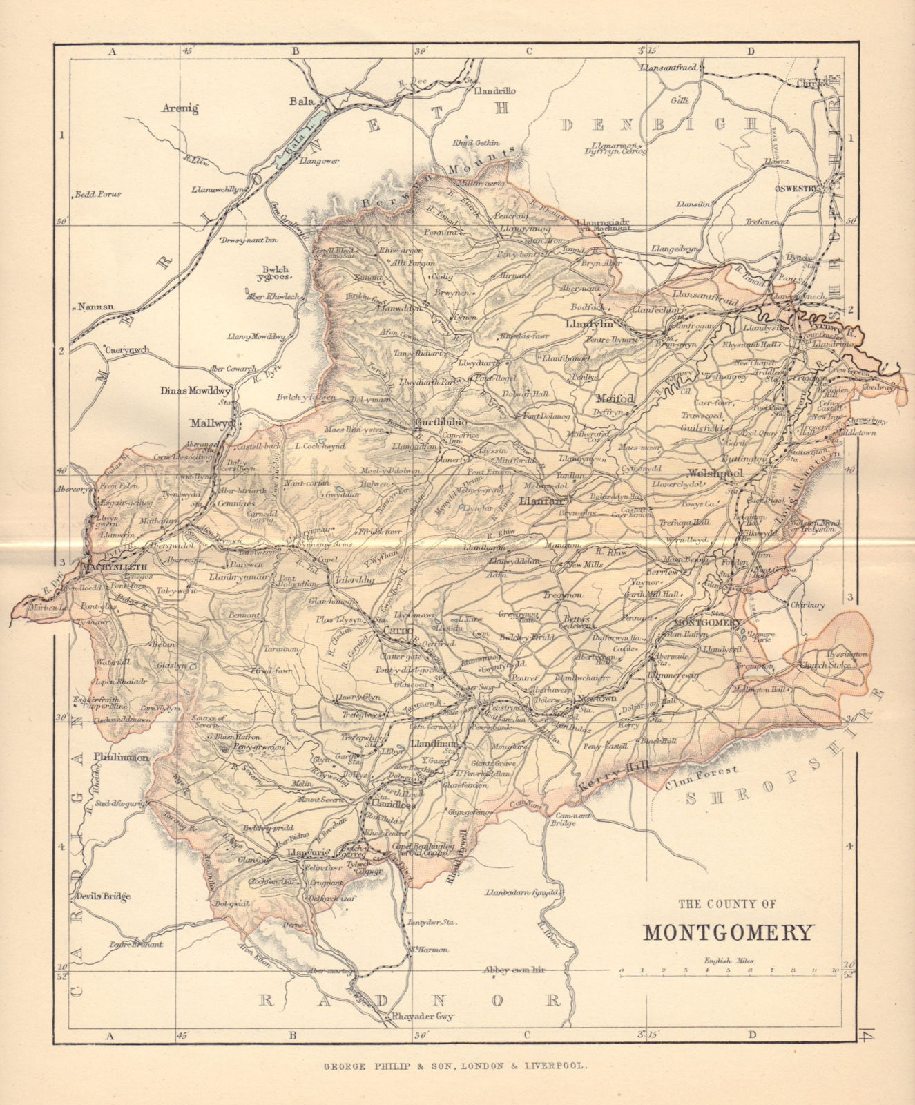 MONTGOMERYSHIRE "County of Montgomery" Welshpool Wales BARTHOLOMEW 1885 map