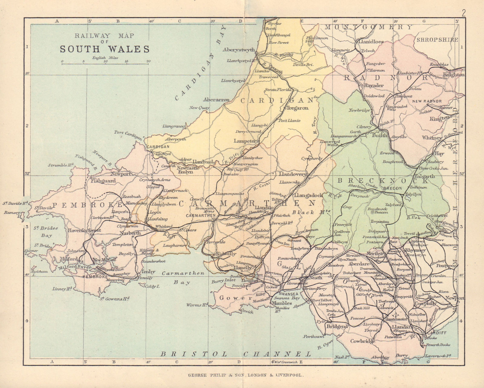 WALES Railway Map of South Wales BARTHOLOMEW 1890 old antique plan chart