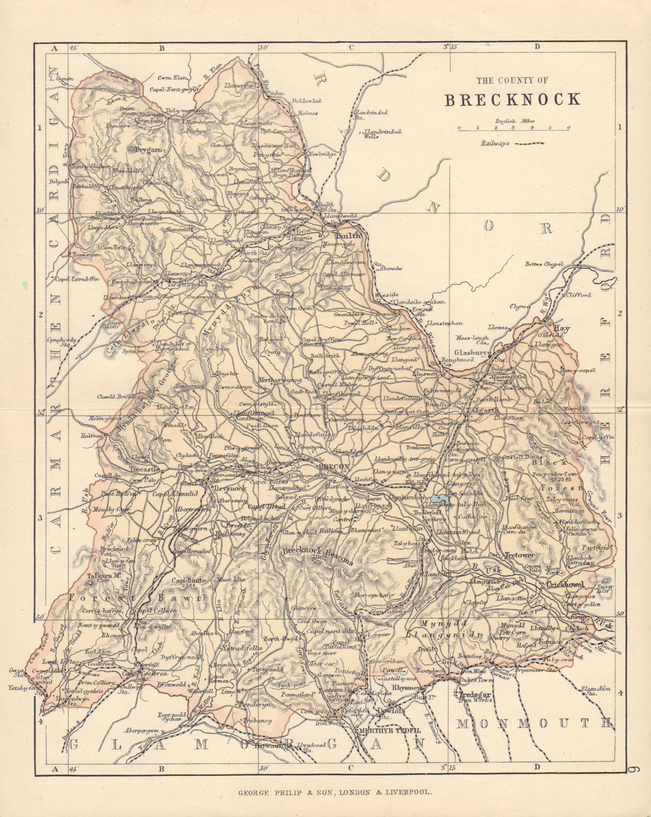 BRECKNOCKSHIRE "County of Brecknock" Brecon Beacons Wales BARTHOLOMEW 1890 map