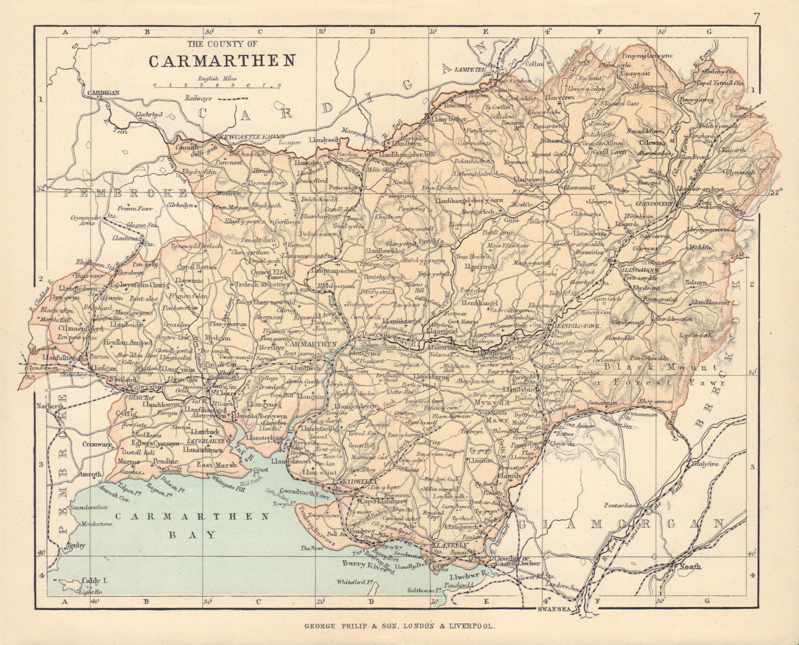 CARMARTHENSHIRE "The County of Carmarthen" Llanelli Wales BARTHOLOMEW 1890 map