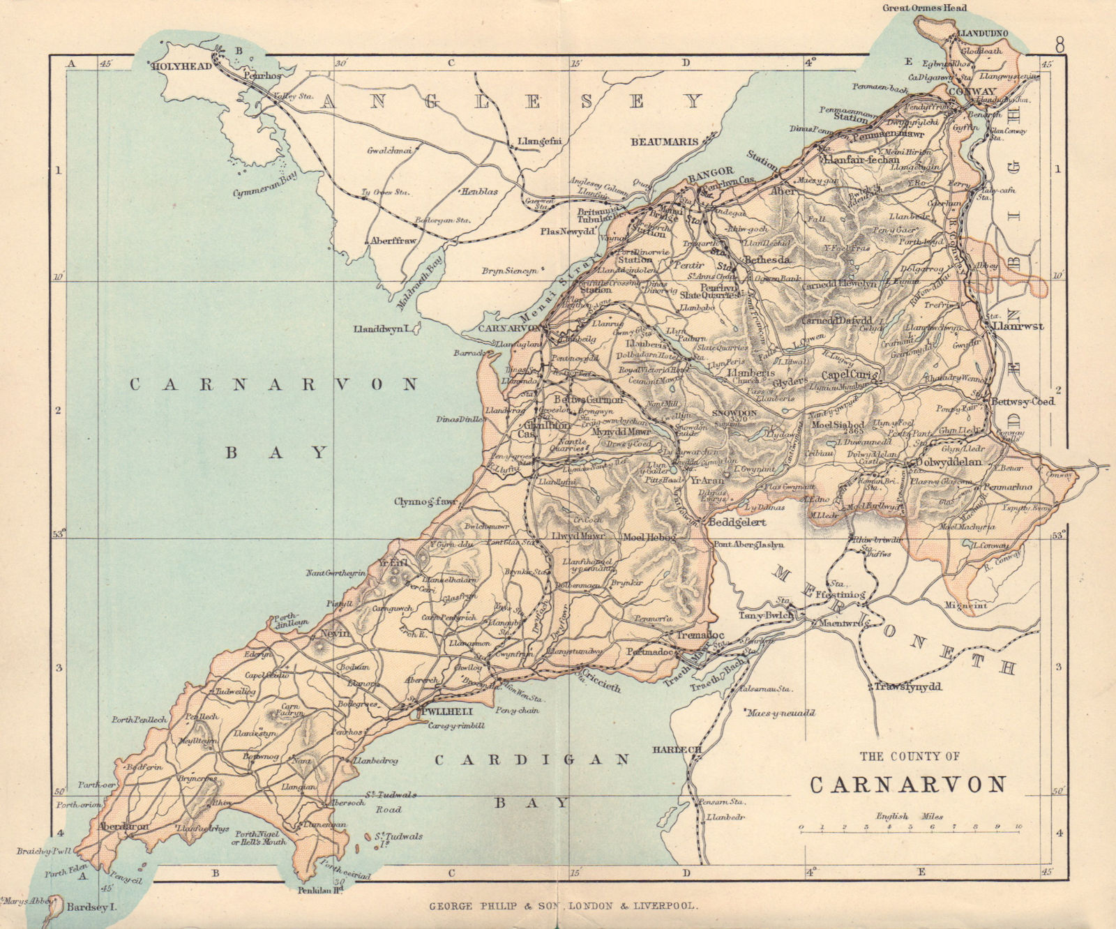 CAERNARFONSHIRE "County of Carnarvon" Bangor Conwy Wales BARTHOLOMEW 1890 map