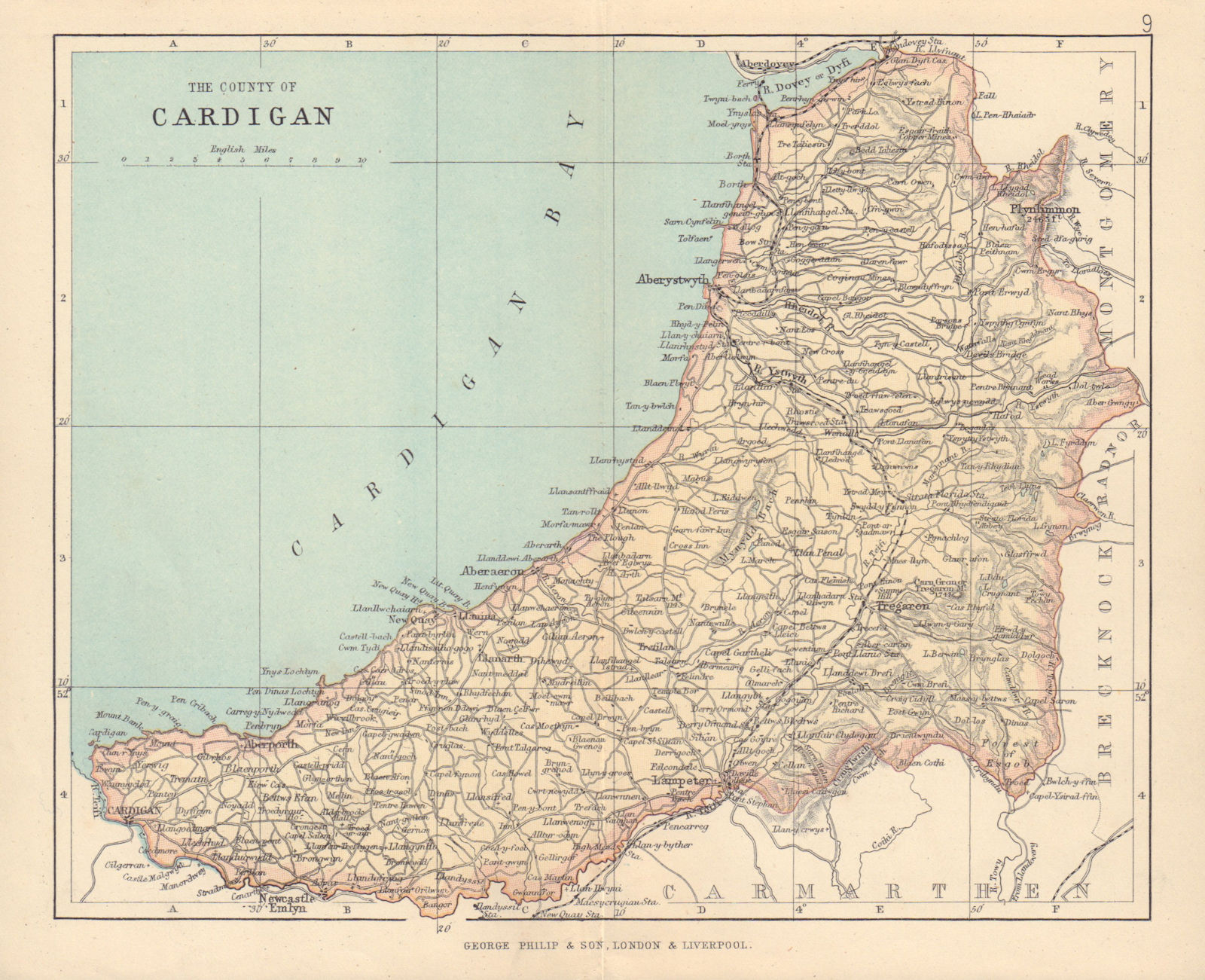 CARDIGANSHIRE "The County of Cardigan" Aberystwyth Wales BARTHOLOMEW 1890 map