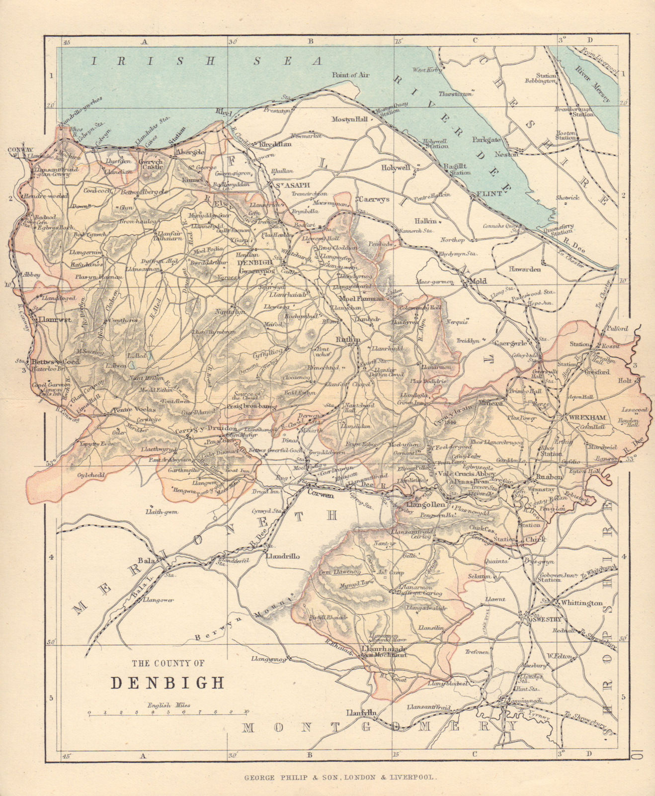 DENBIGHSHIRE "The County of Denbigh" Wrexham Rhyl Wales BARTHOLOMEW 1890 map