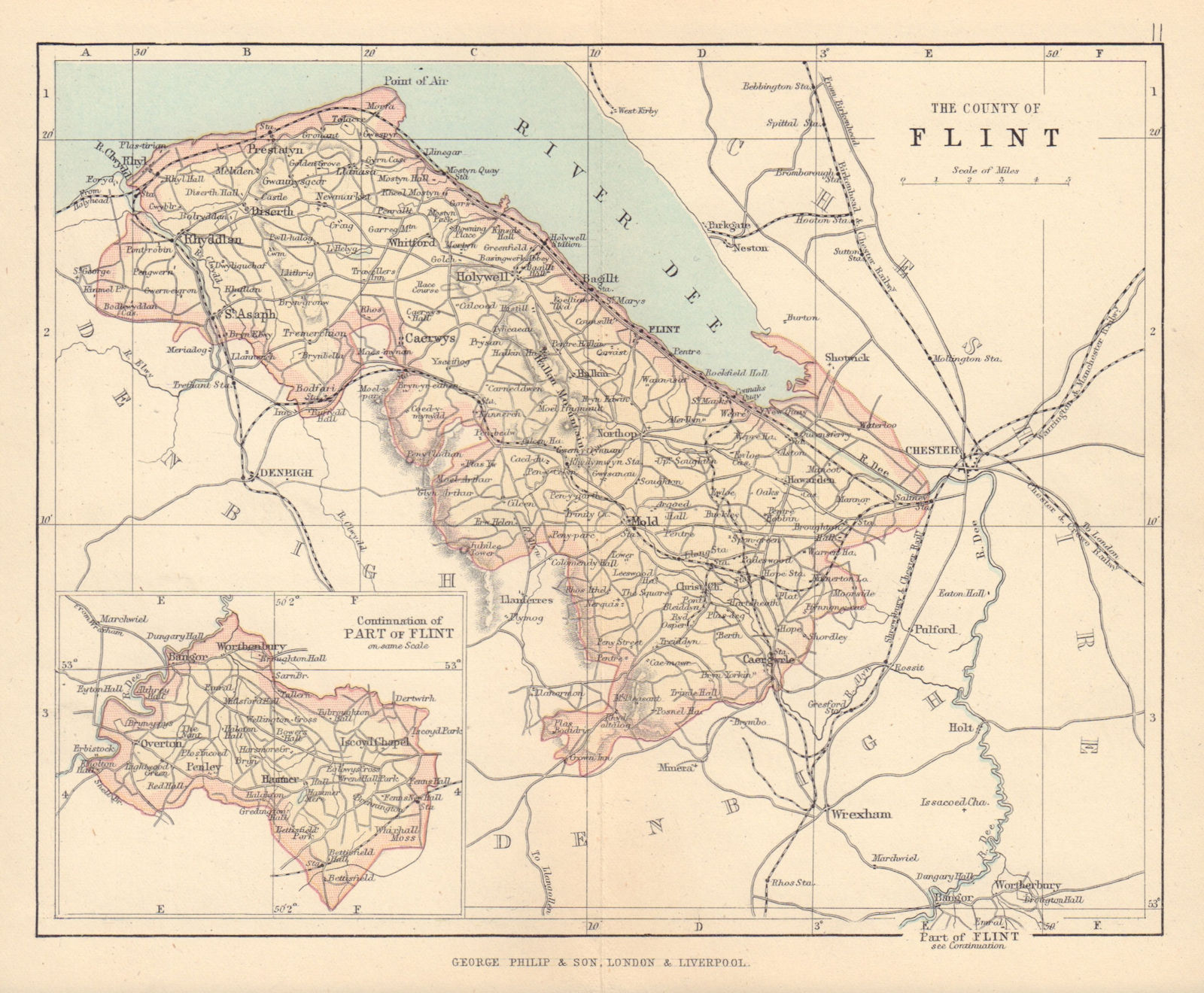 FLINTSHIRE "County of Flint" Rhyl Prestatyn Hawarden Wales BARTHOLOMEW 1890 map