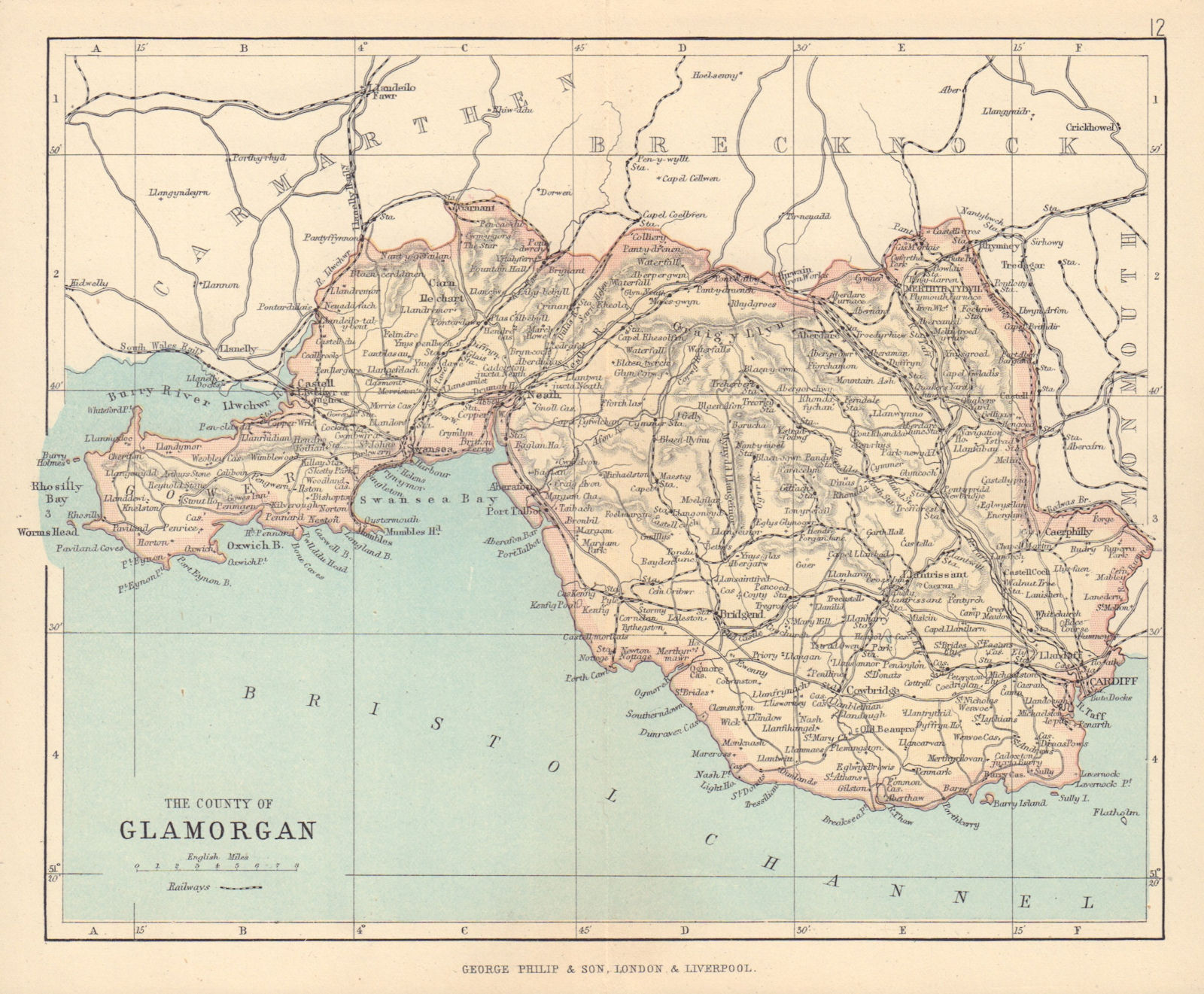 GLAMORGANSHIRE Cardiff Swansea Neath Port Talbot Wales BARTHOLOMEW 1890 map