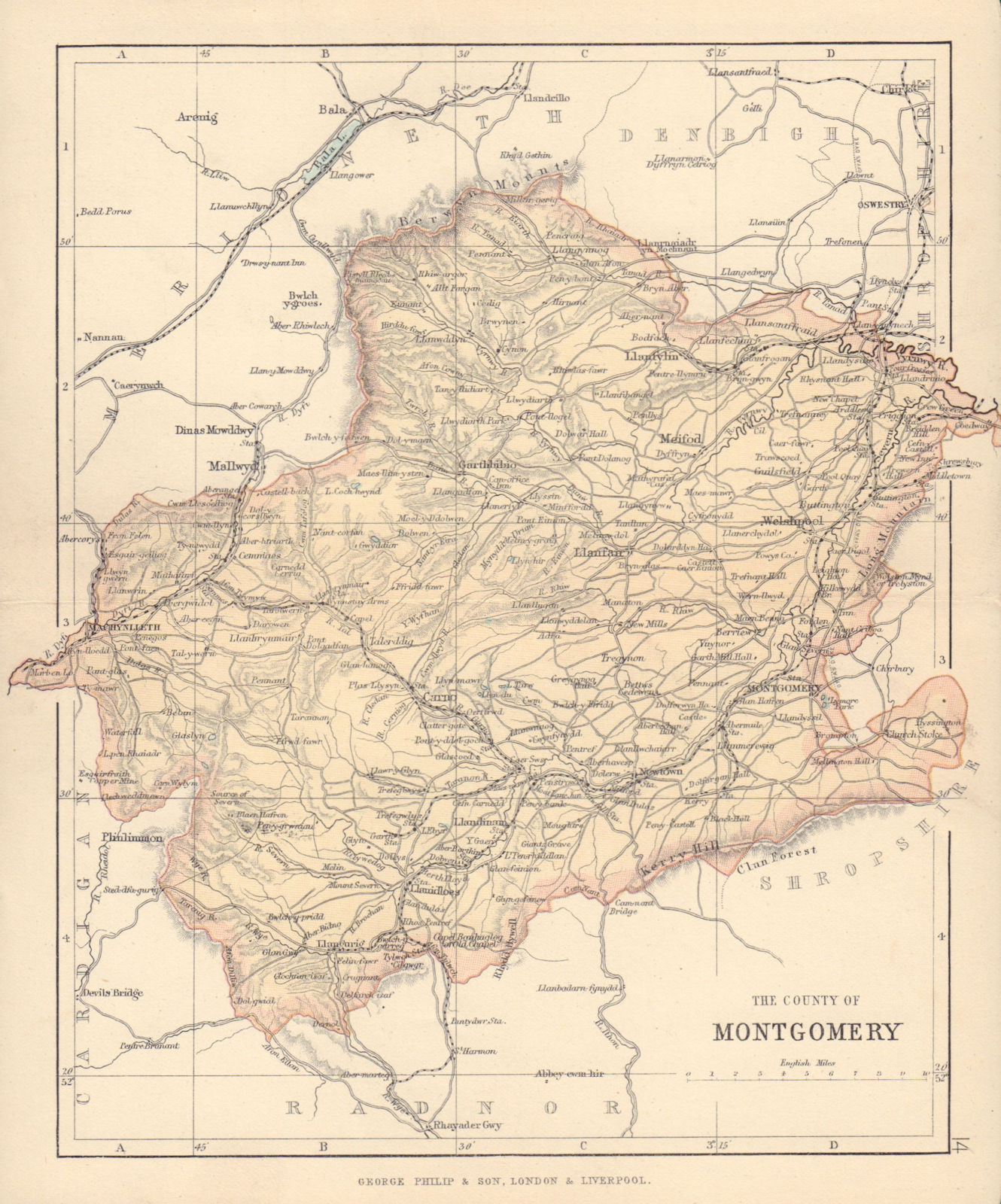 MONTGOMERYSHIRE "County of Montgomery" Welshpool Wales BARTHOLOMEW 1890 map