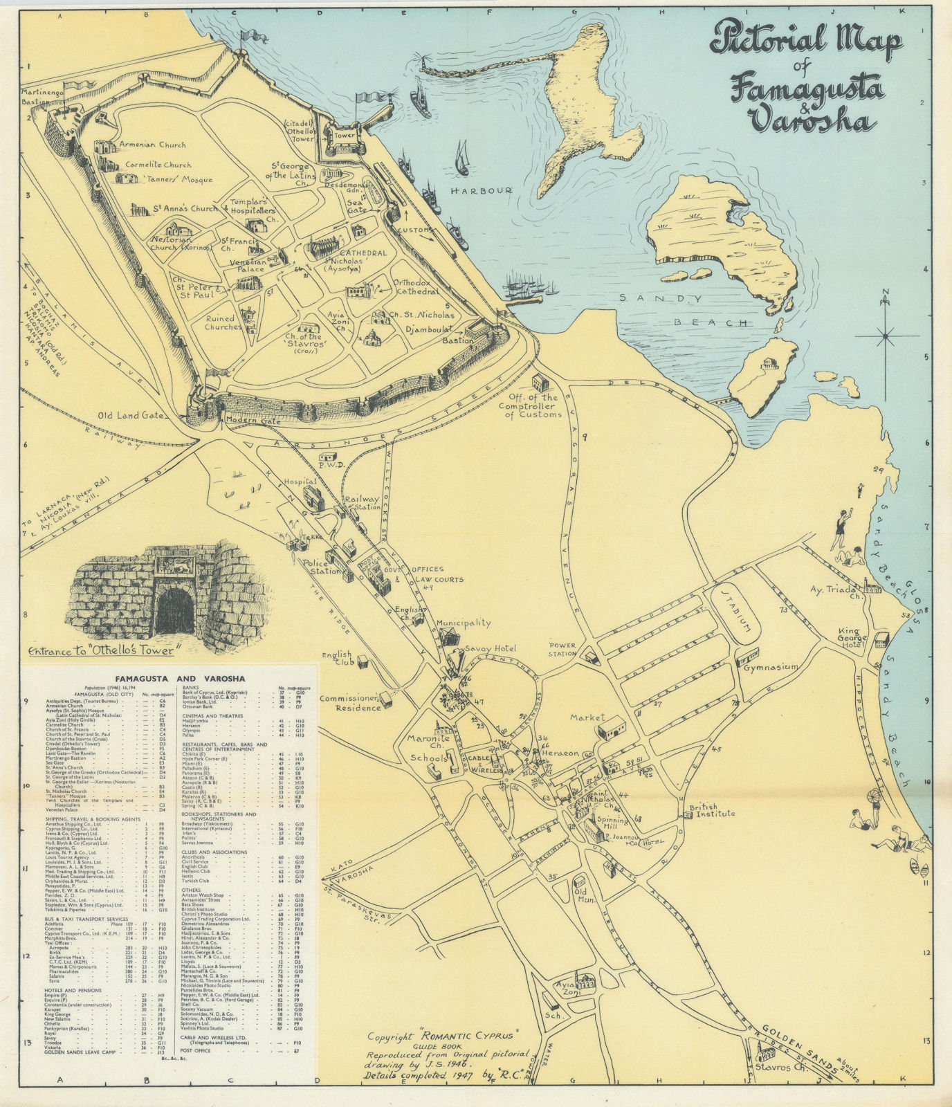 Associate Product Famagusta & Varosha pictorial map vintage city plan Gazimagusa Cyprus SABRY 1948